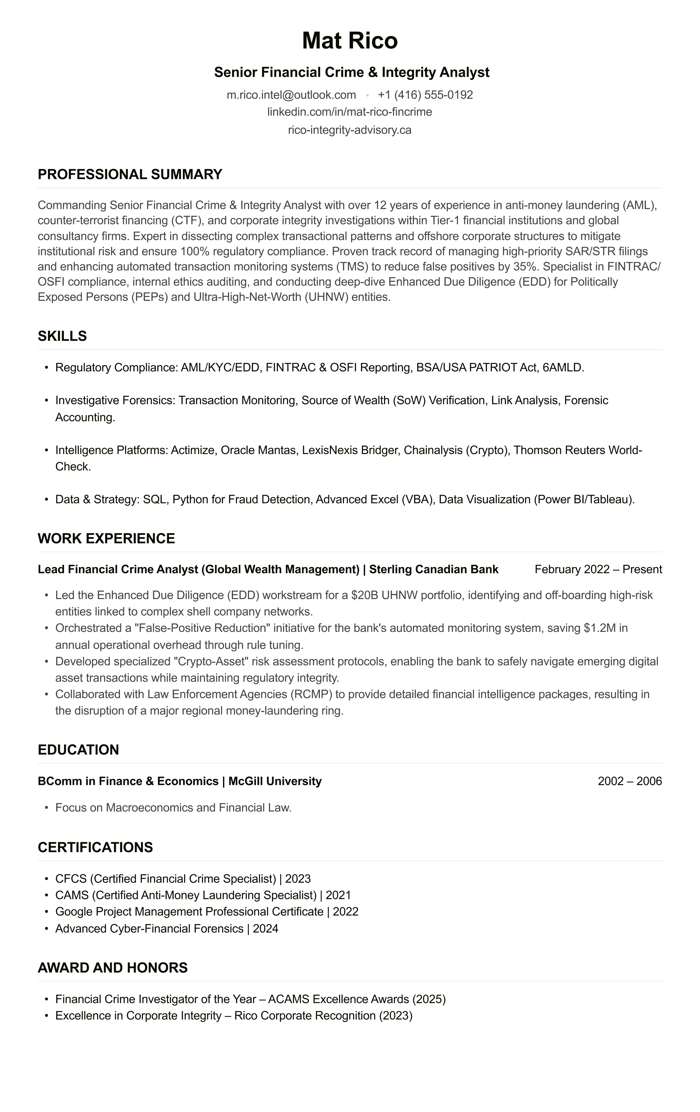 Financial Crime Analyst CV example