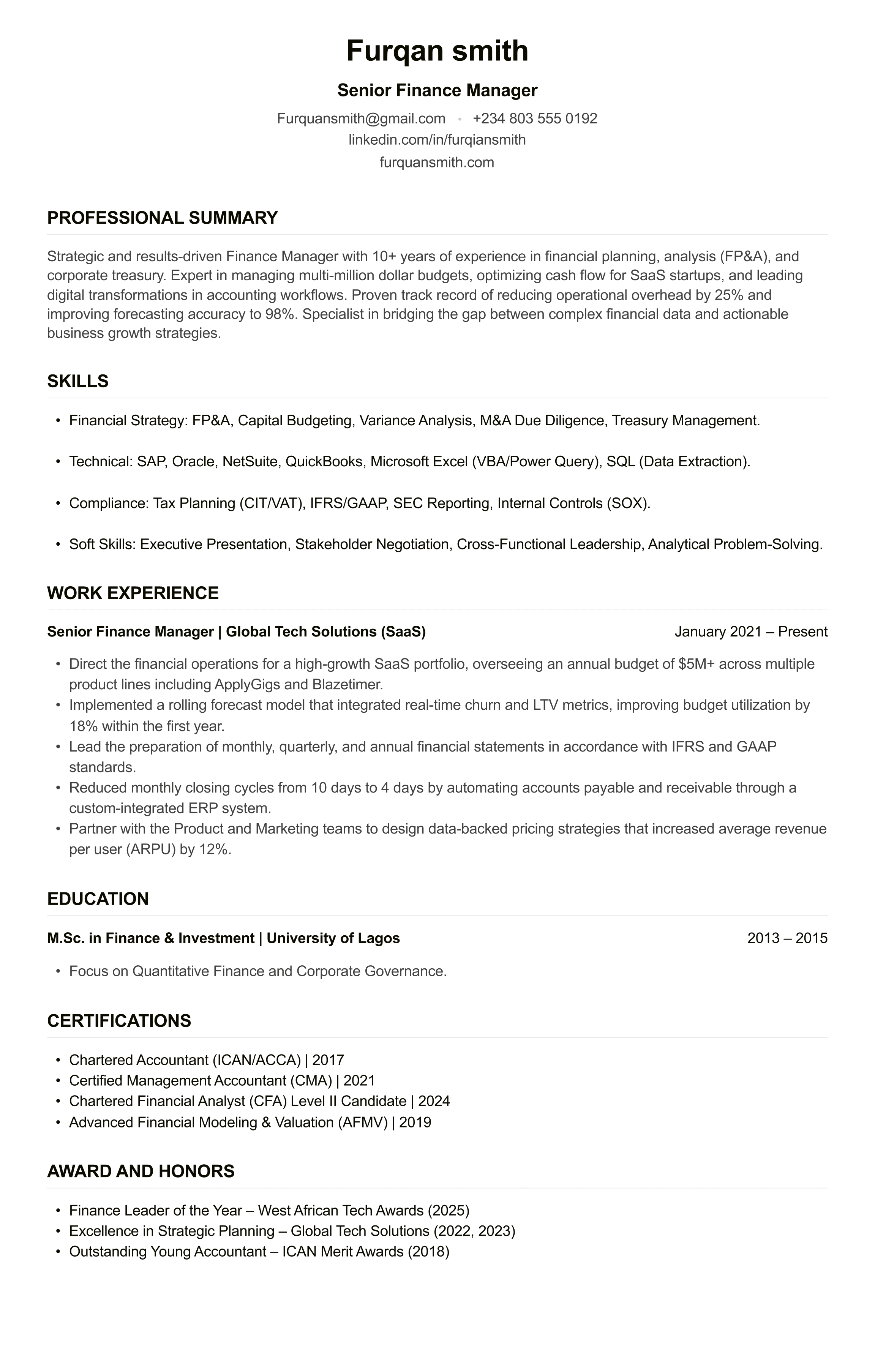 Finance Manager CV example