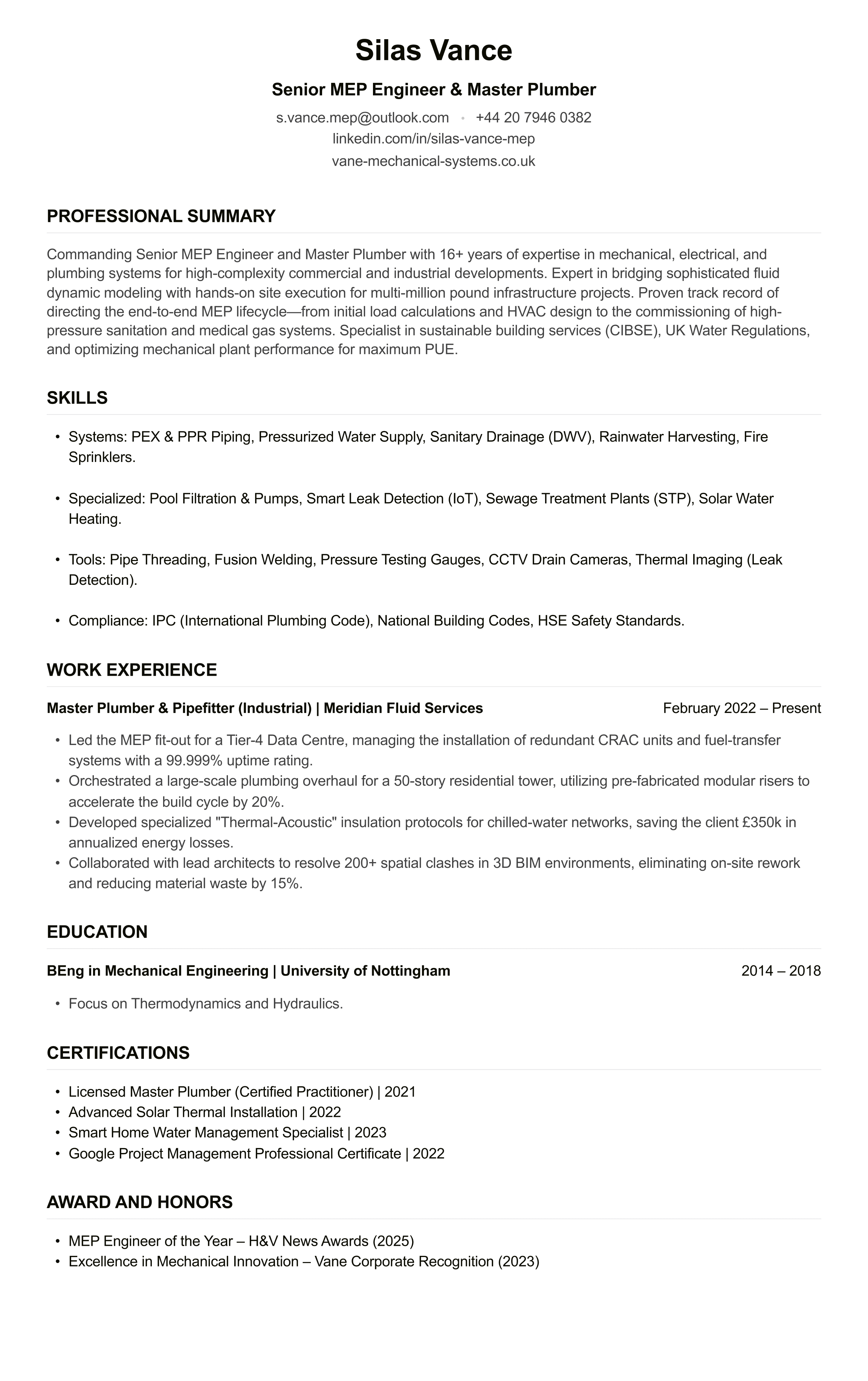 Plumber CV example