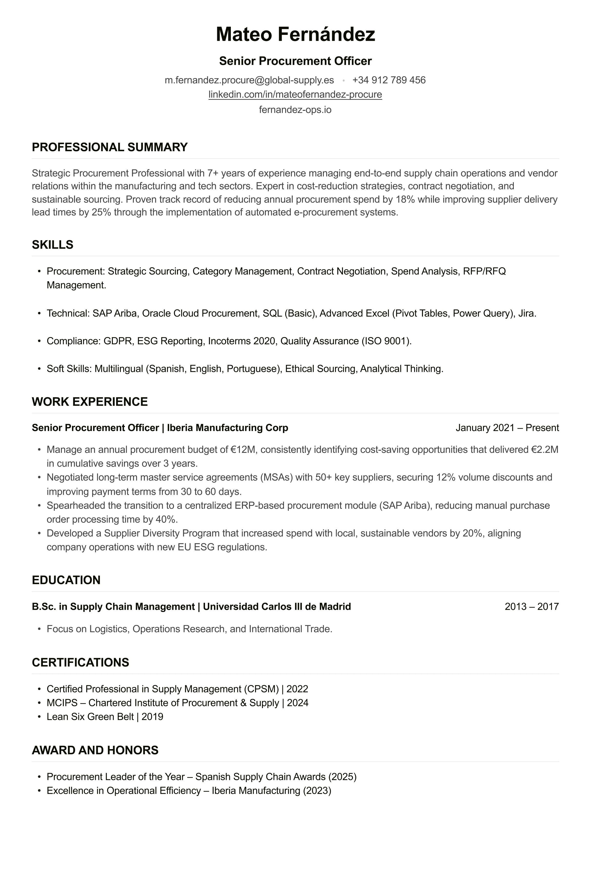 Procurement Officer CV example