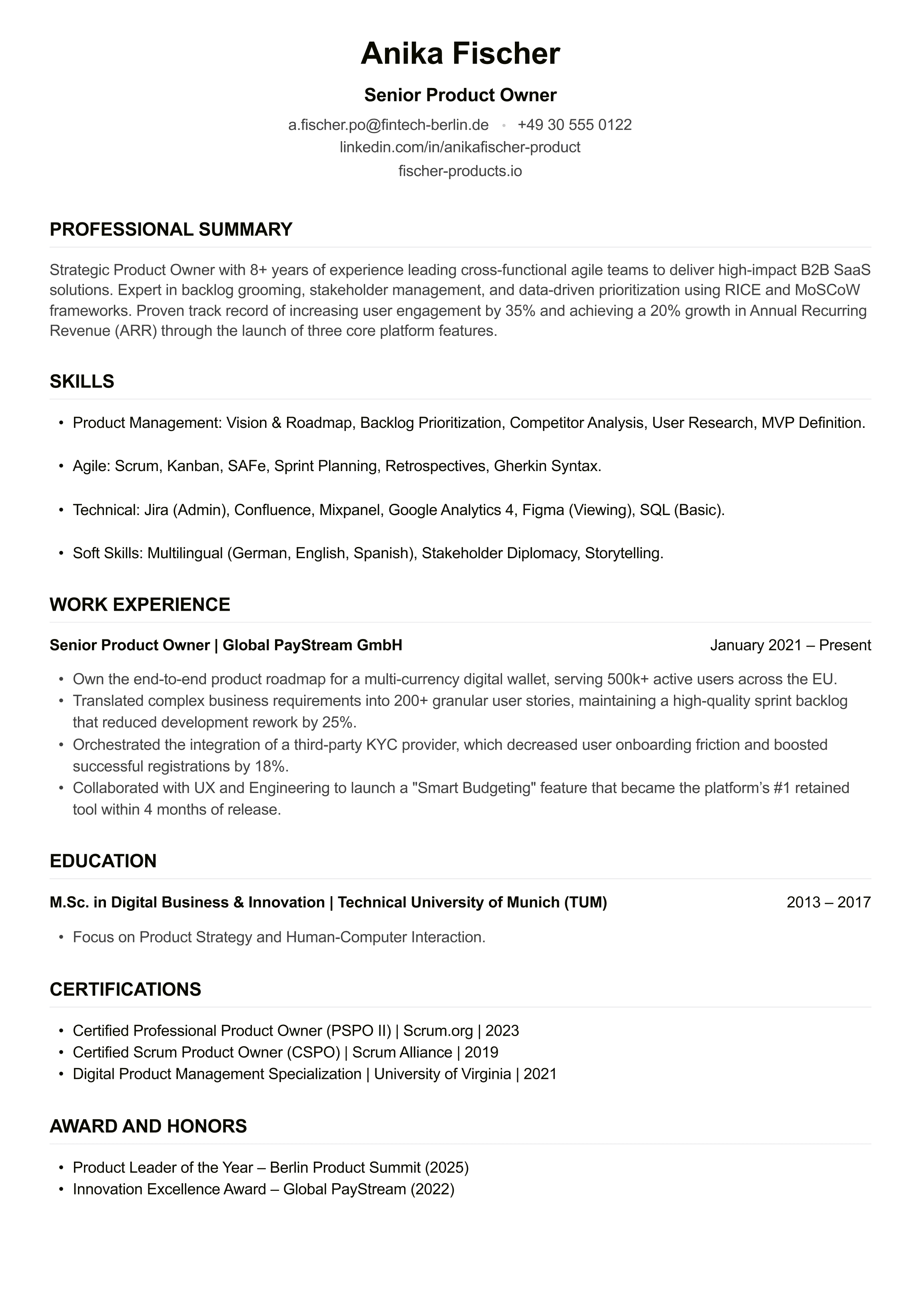 Product Owner CV example