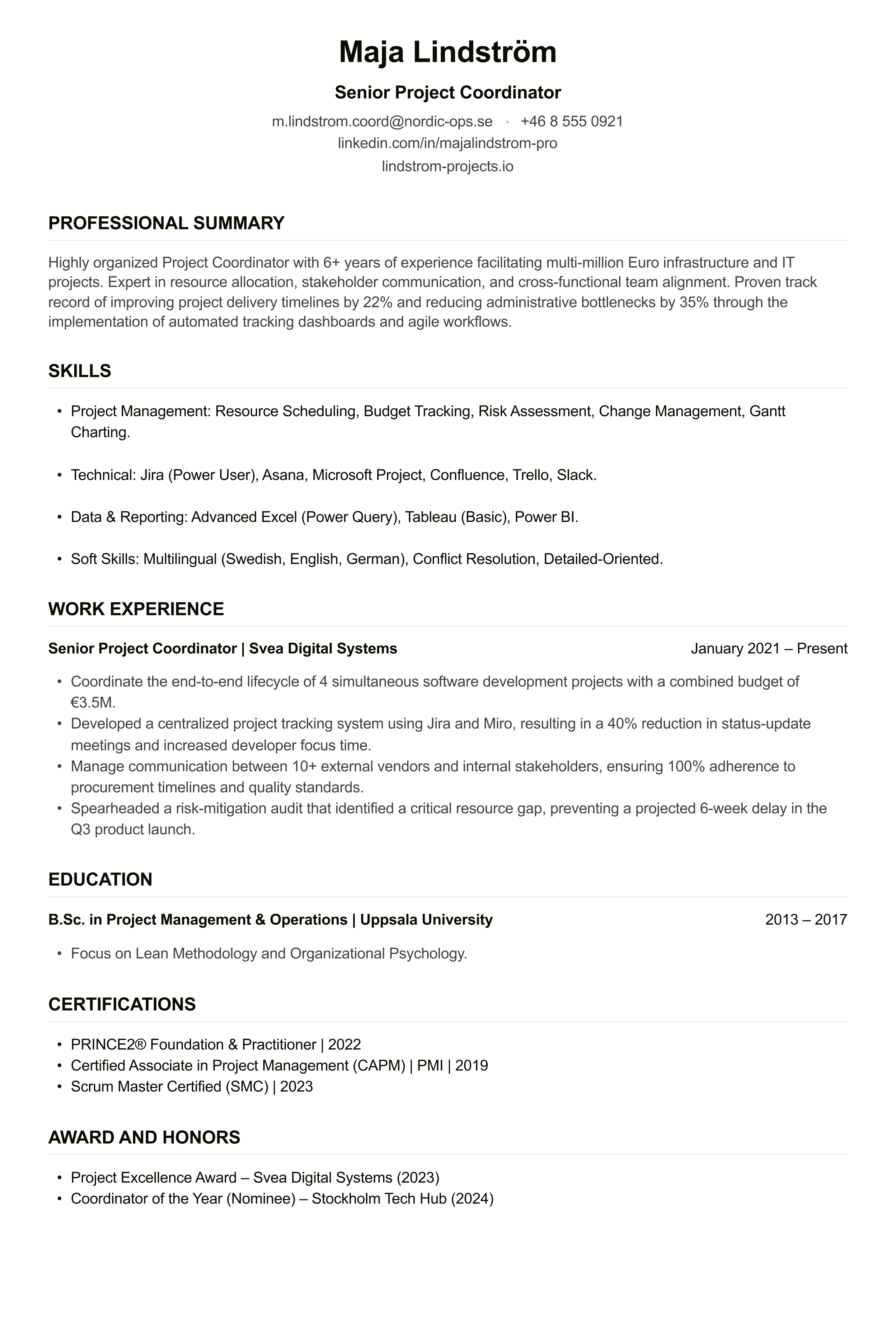 Project Coordinator CV example