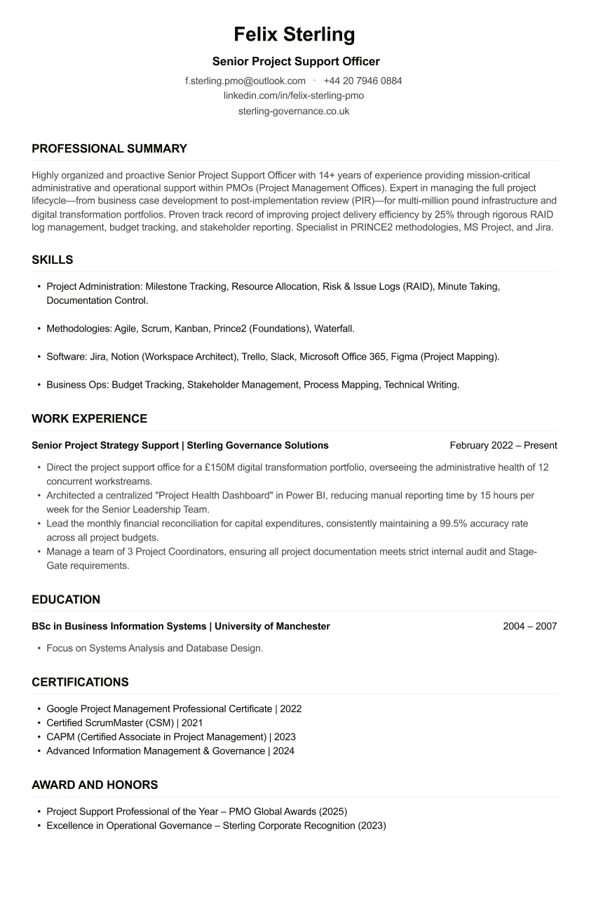 Project Support Officer CV