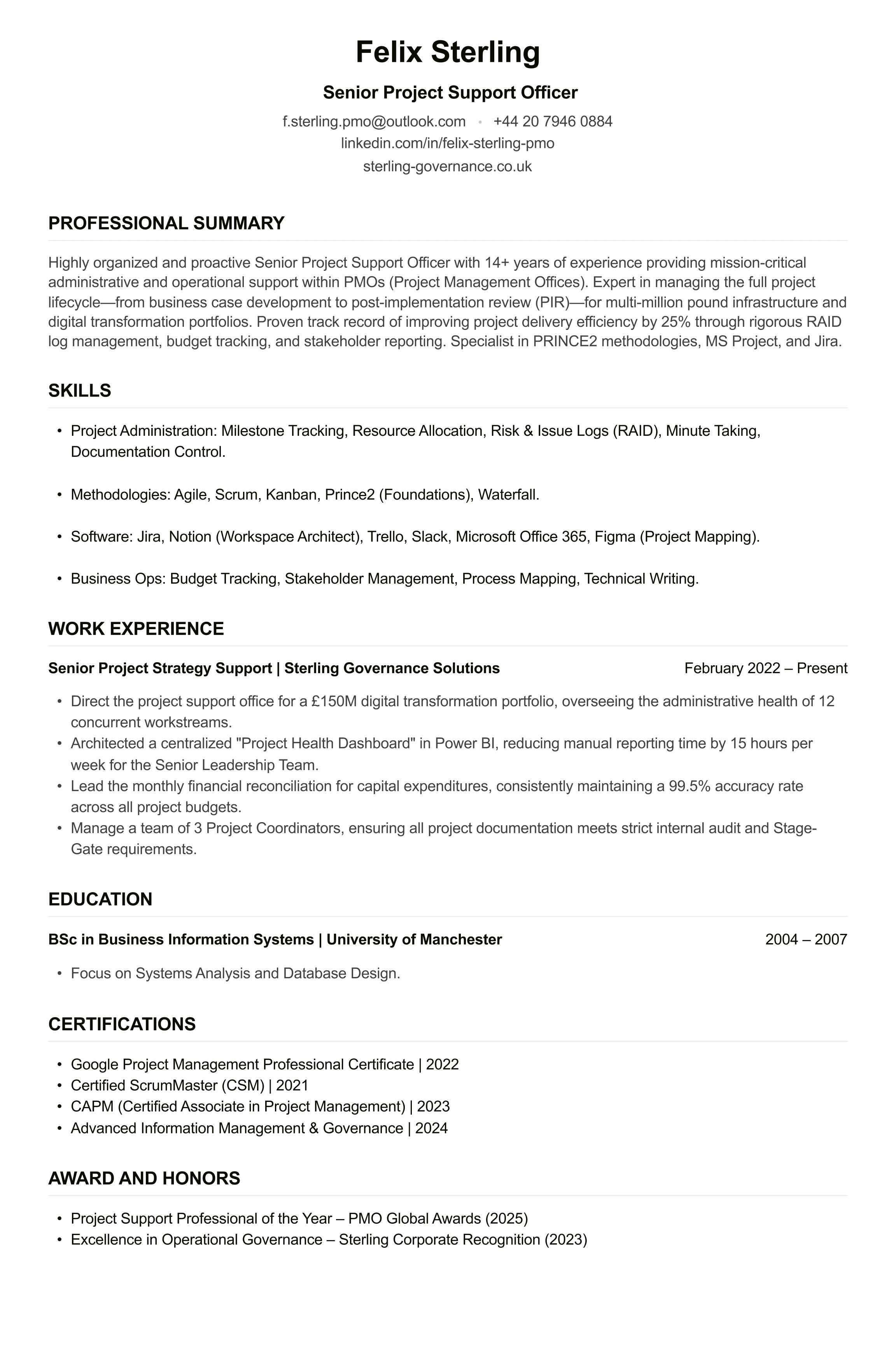 Project Support Officer CV example