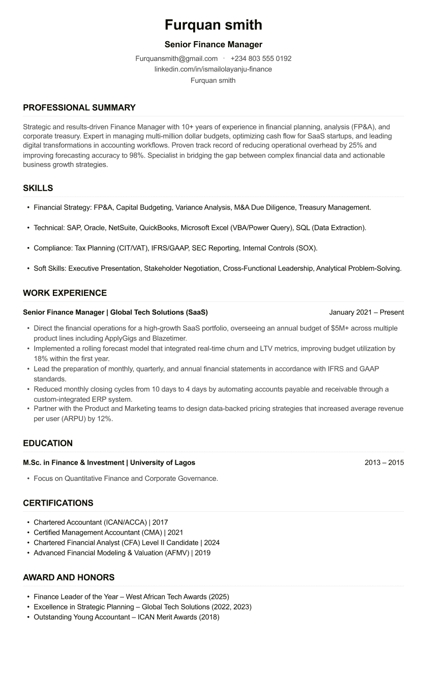 Finance Manager CV