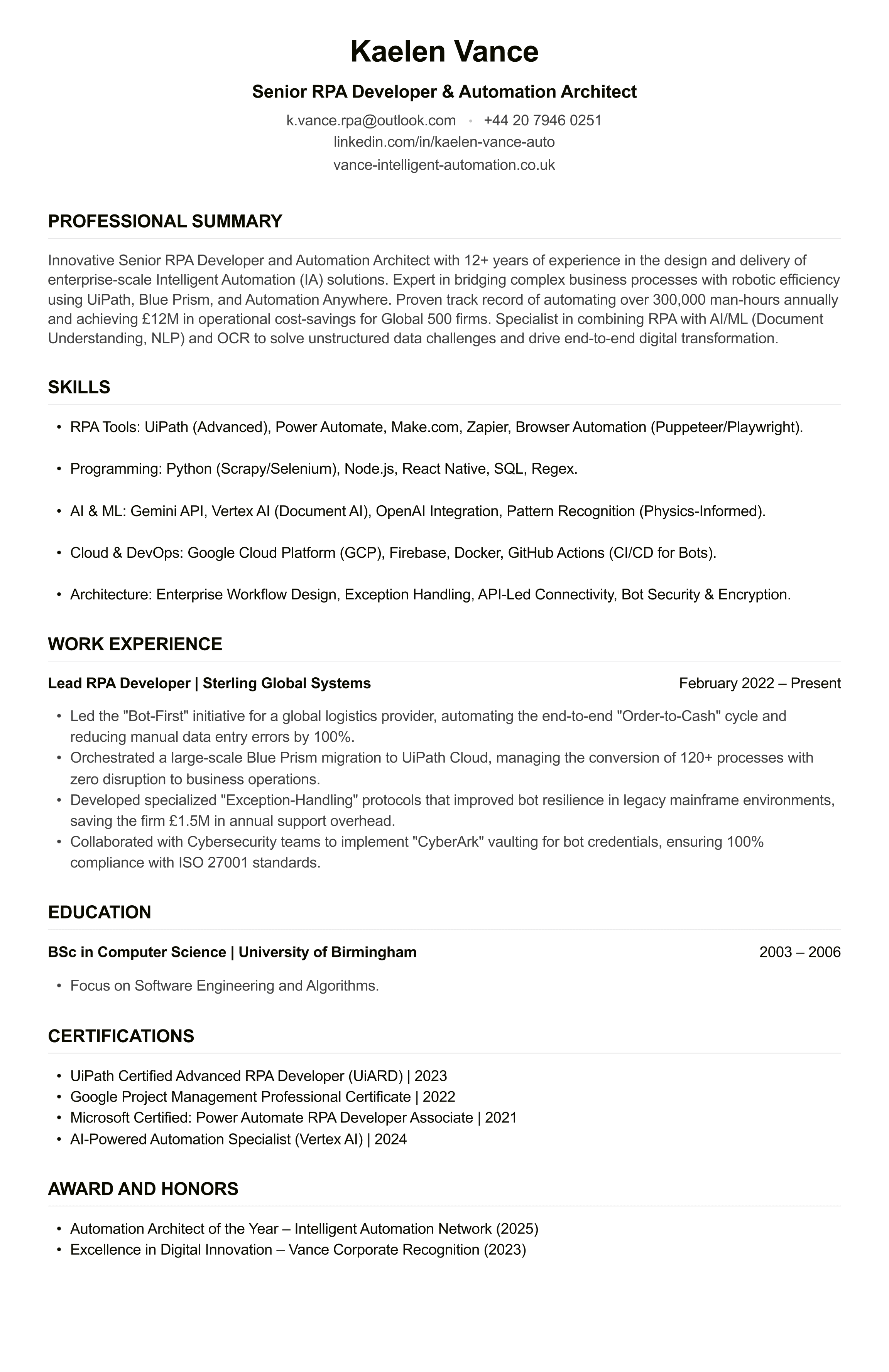 RPA Developer CV example