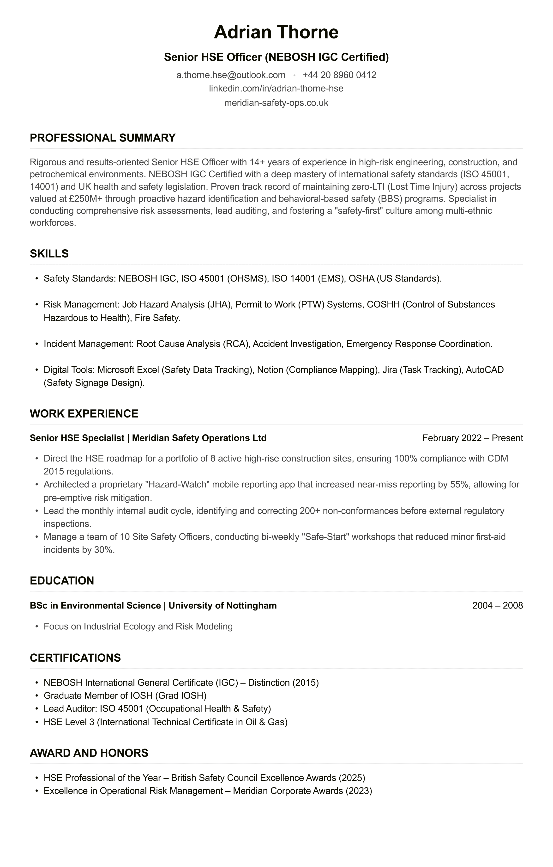 Safety Officer CV example