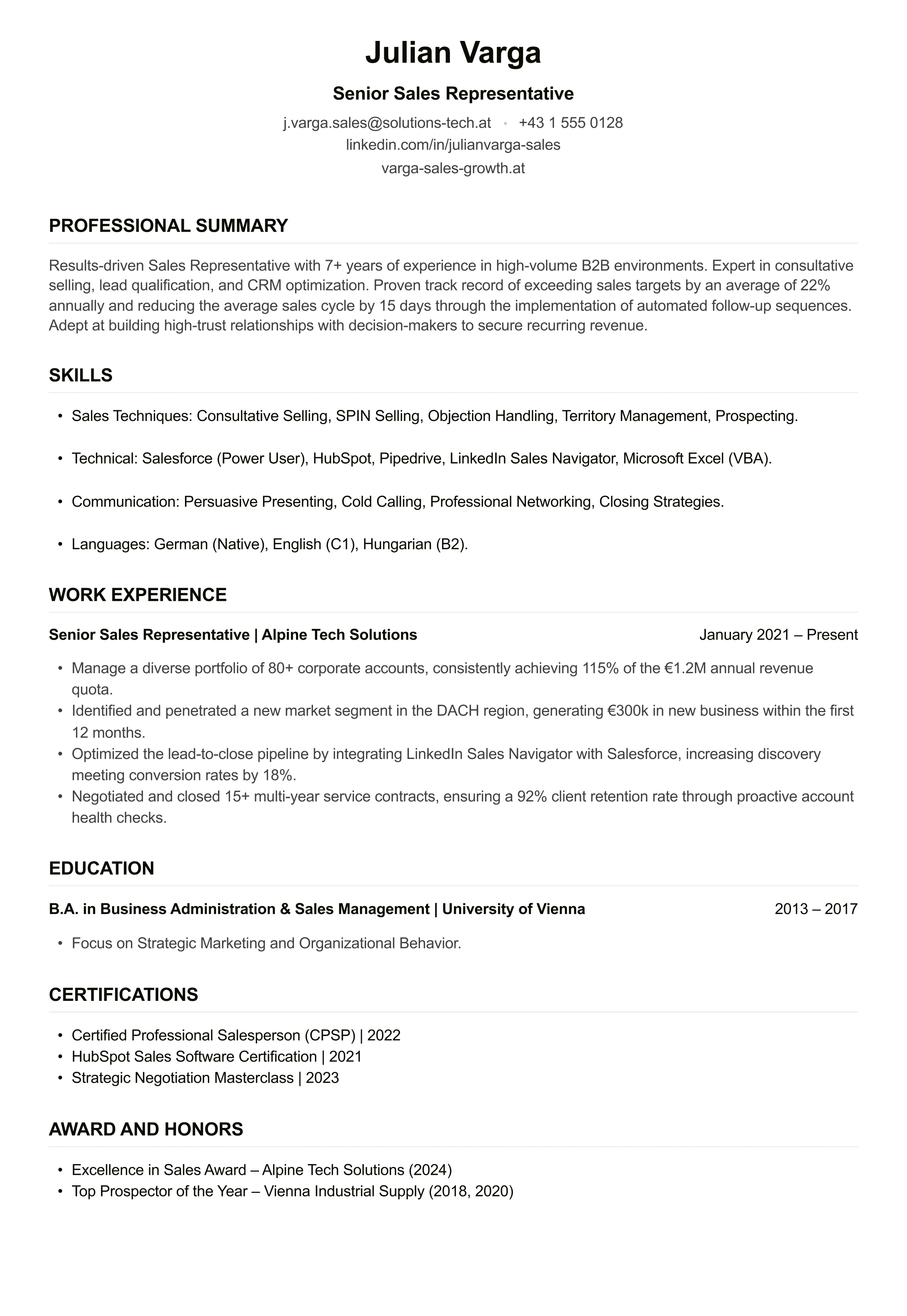 Sales Representative CV example