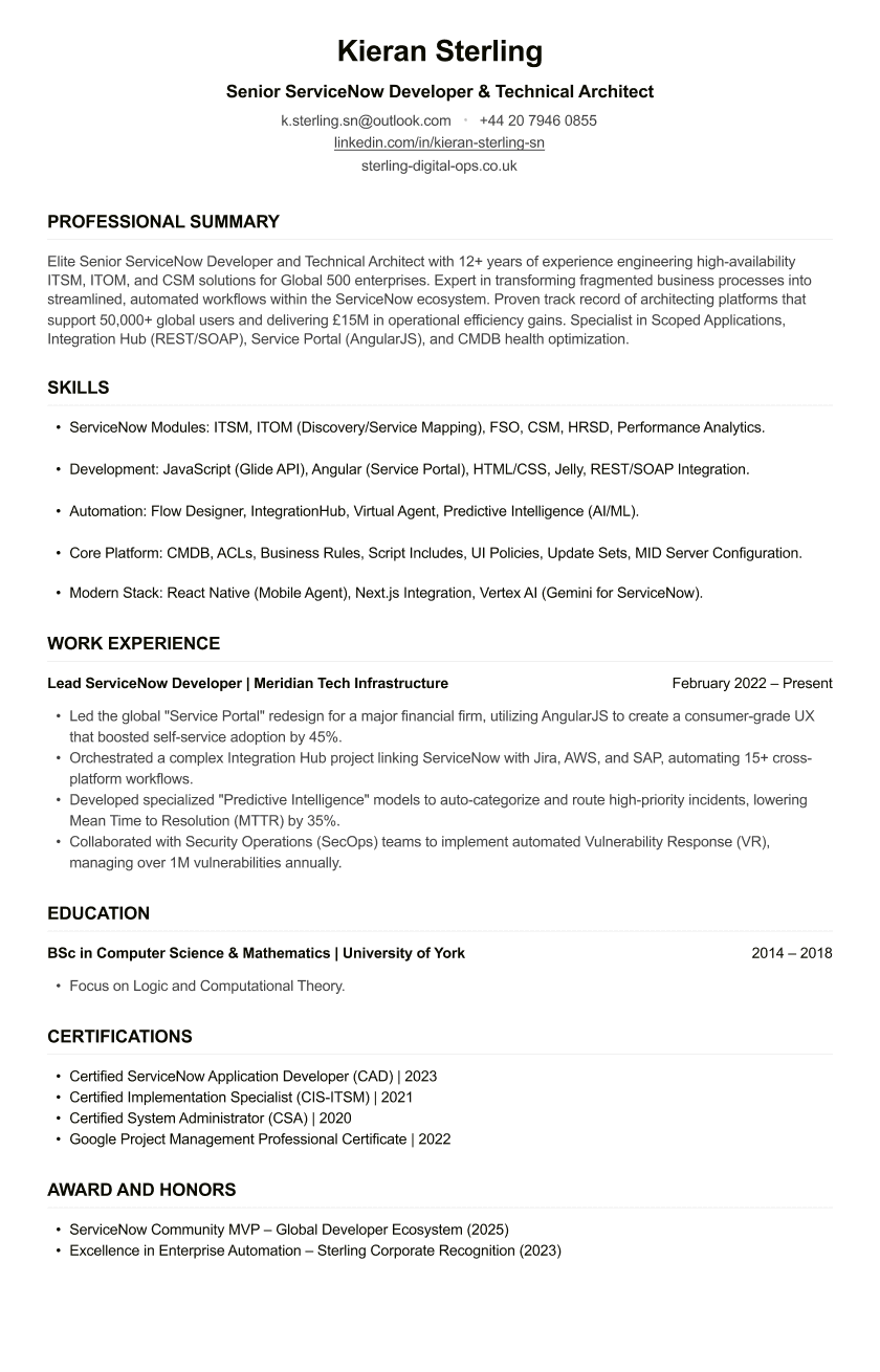ServiceNow Developer CV