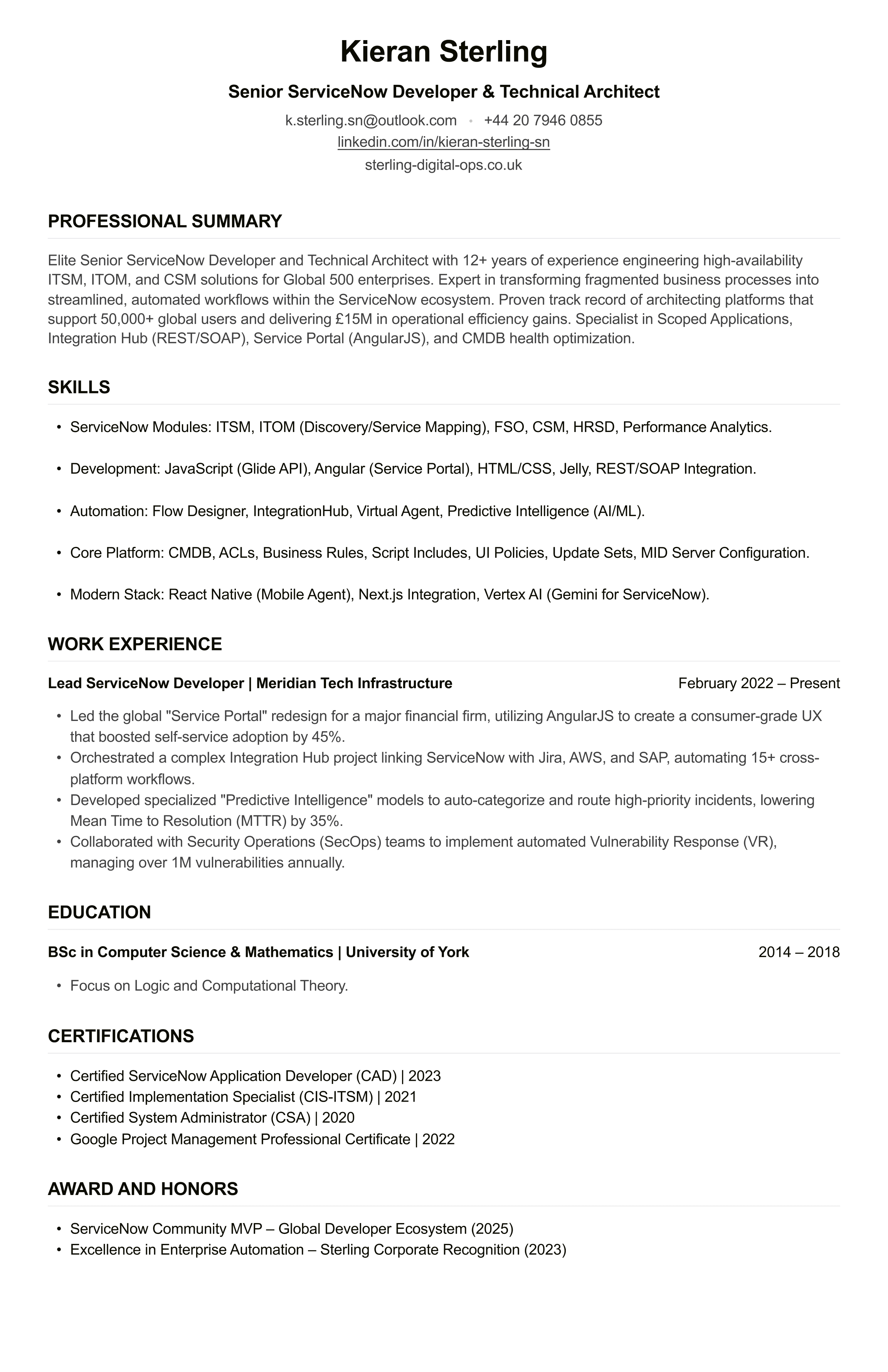 ServiceNow Developer CV example