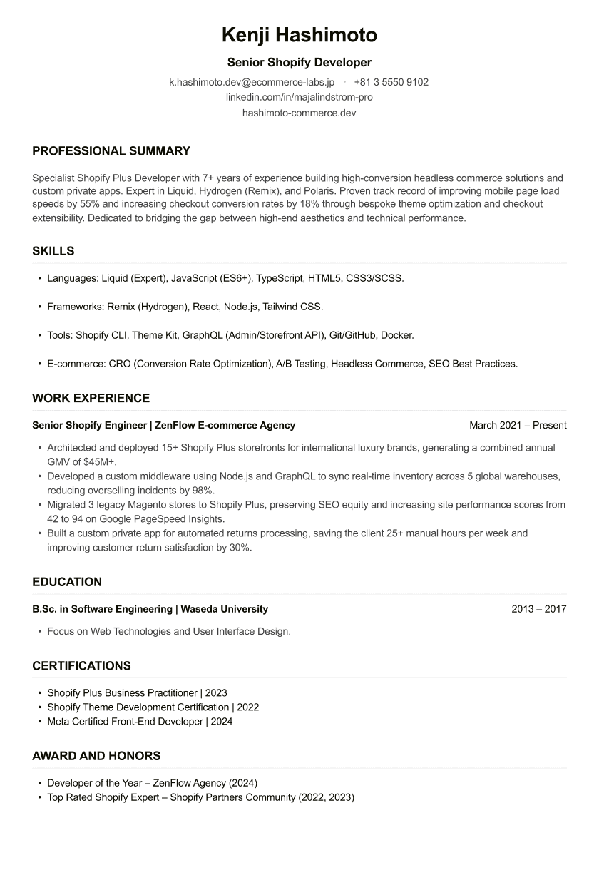 Shopify Developer CV