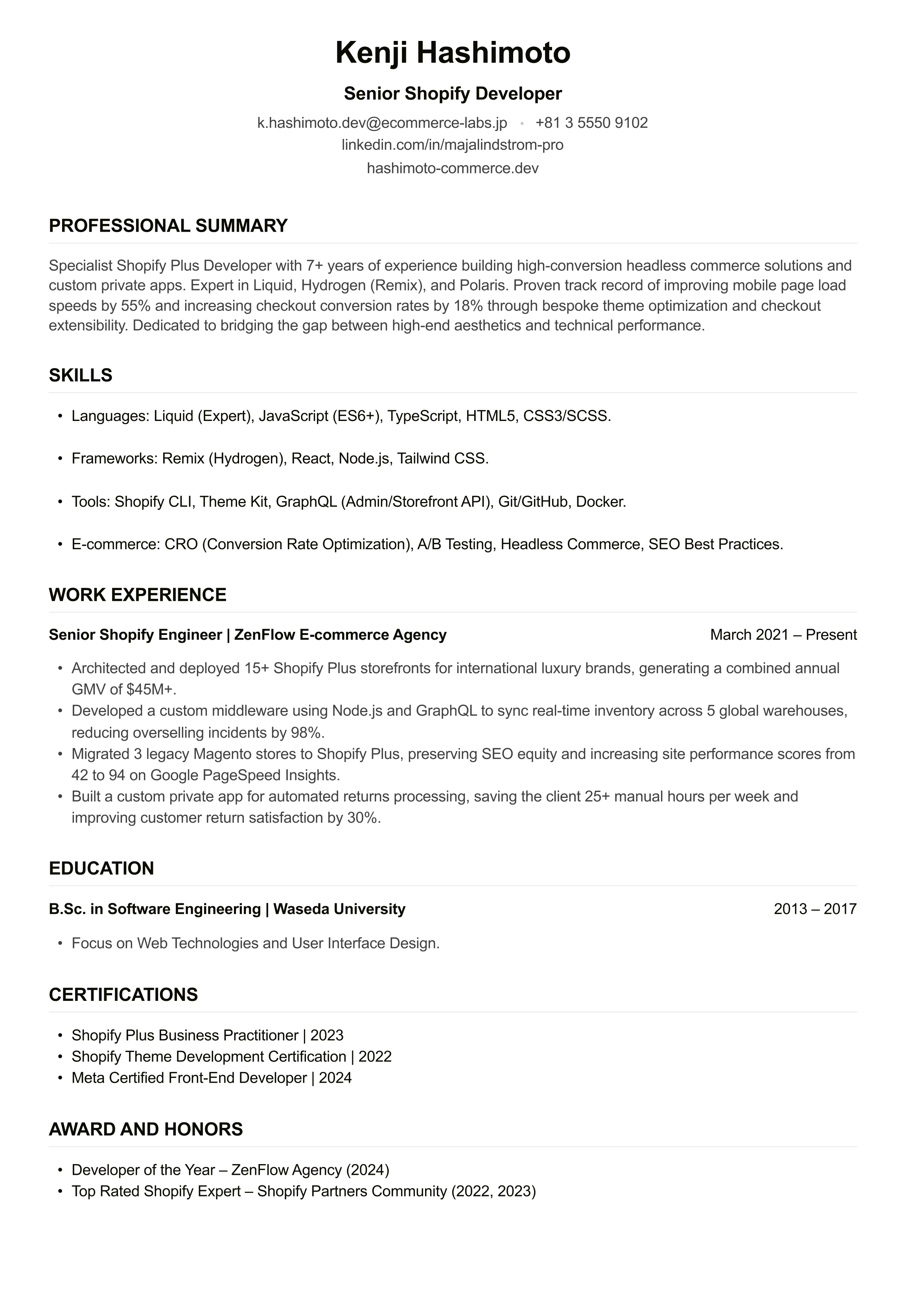 Shopify Developer CV example