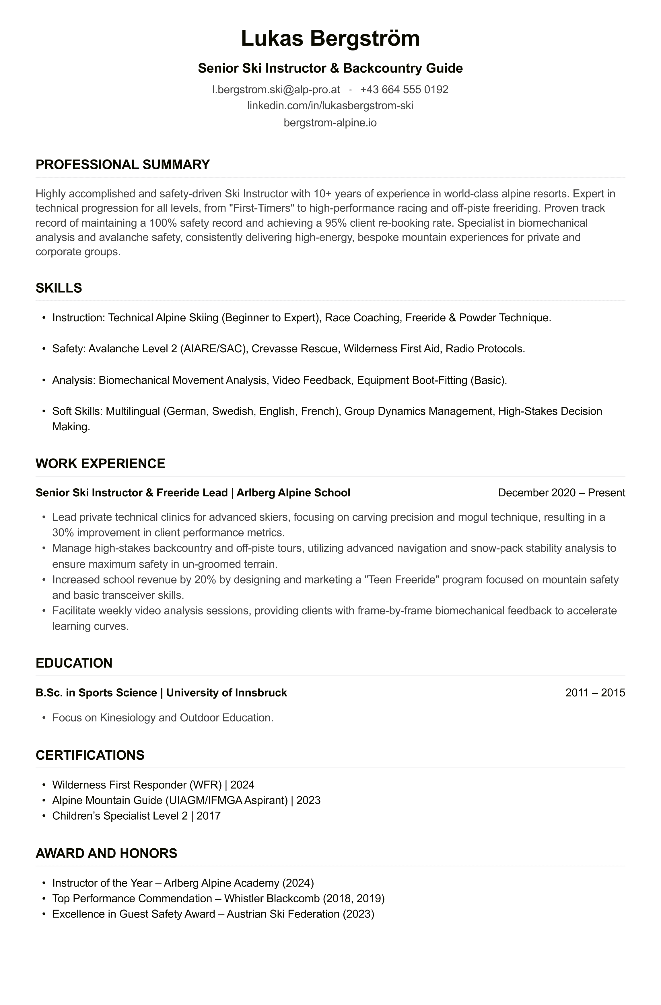 Ski Instructor CV example