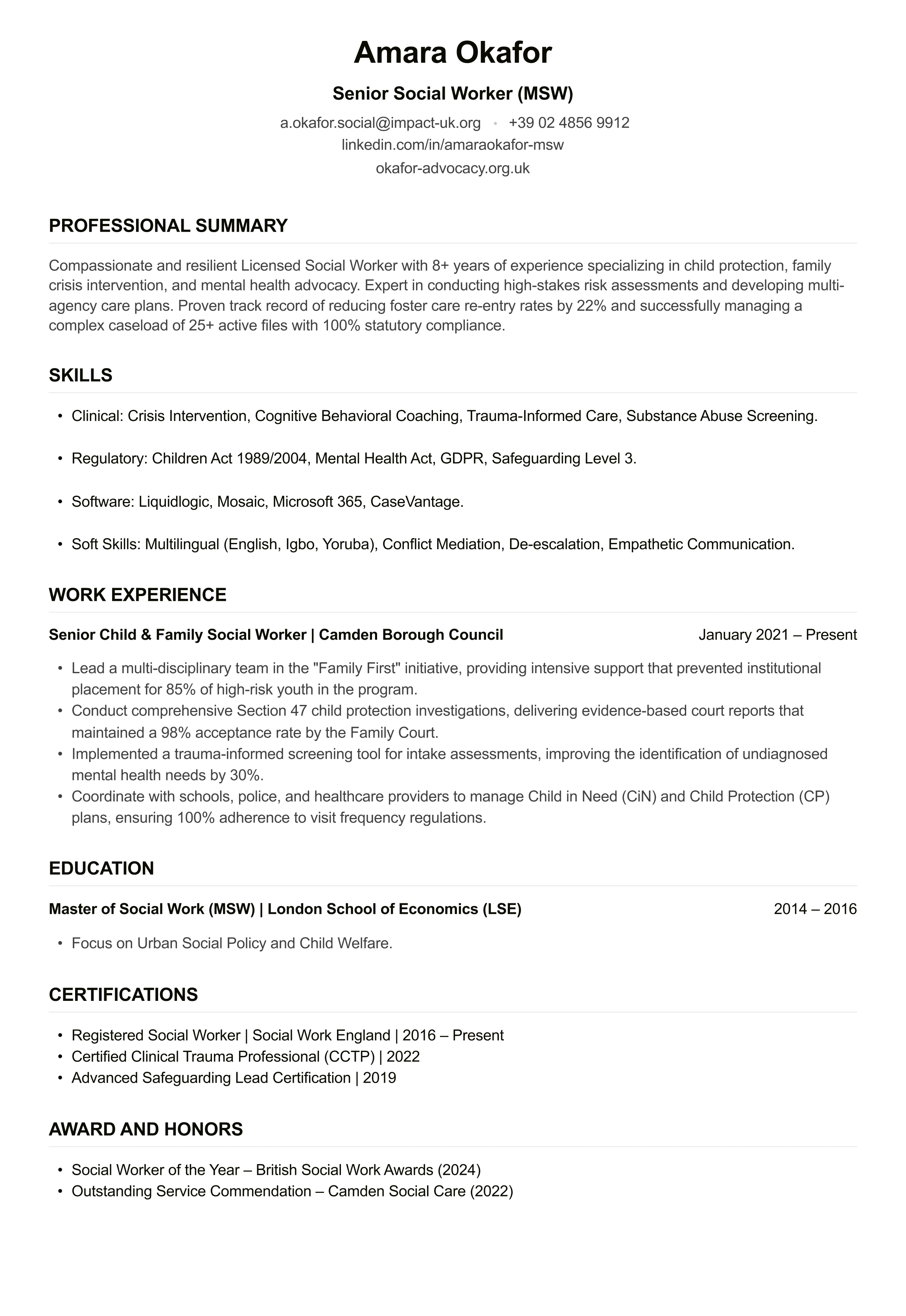 Social Worker CV example