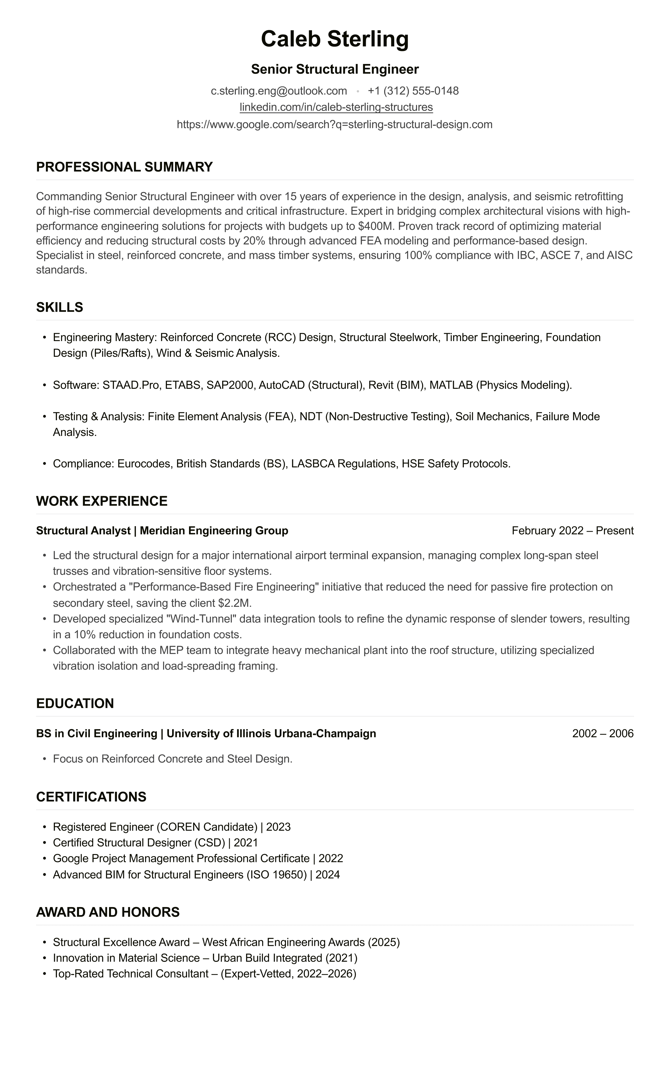Structural Engineer CV example