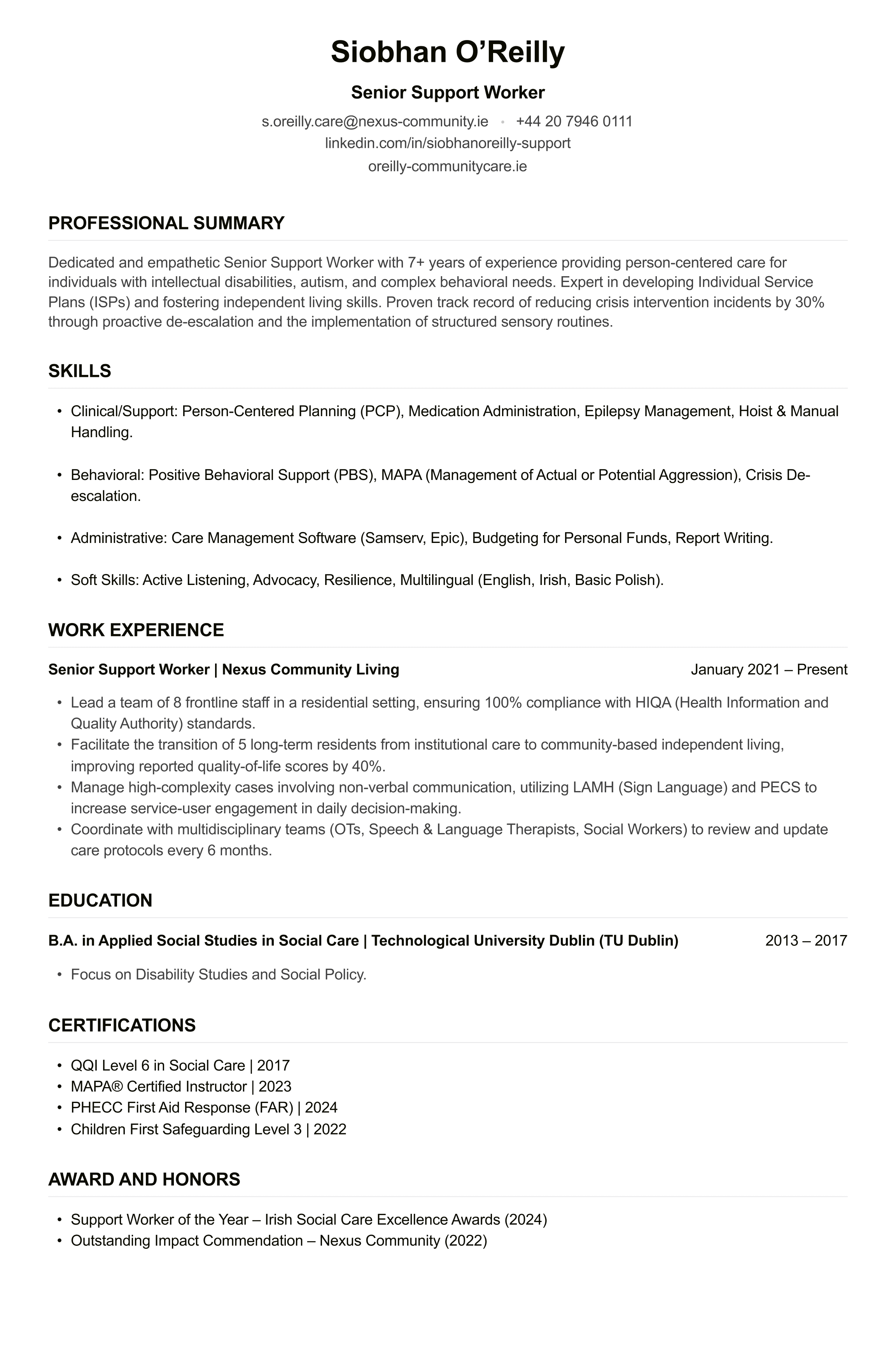 Support Worker CV example