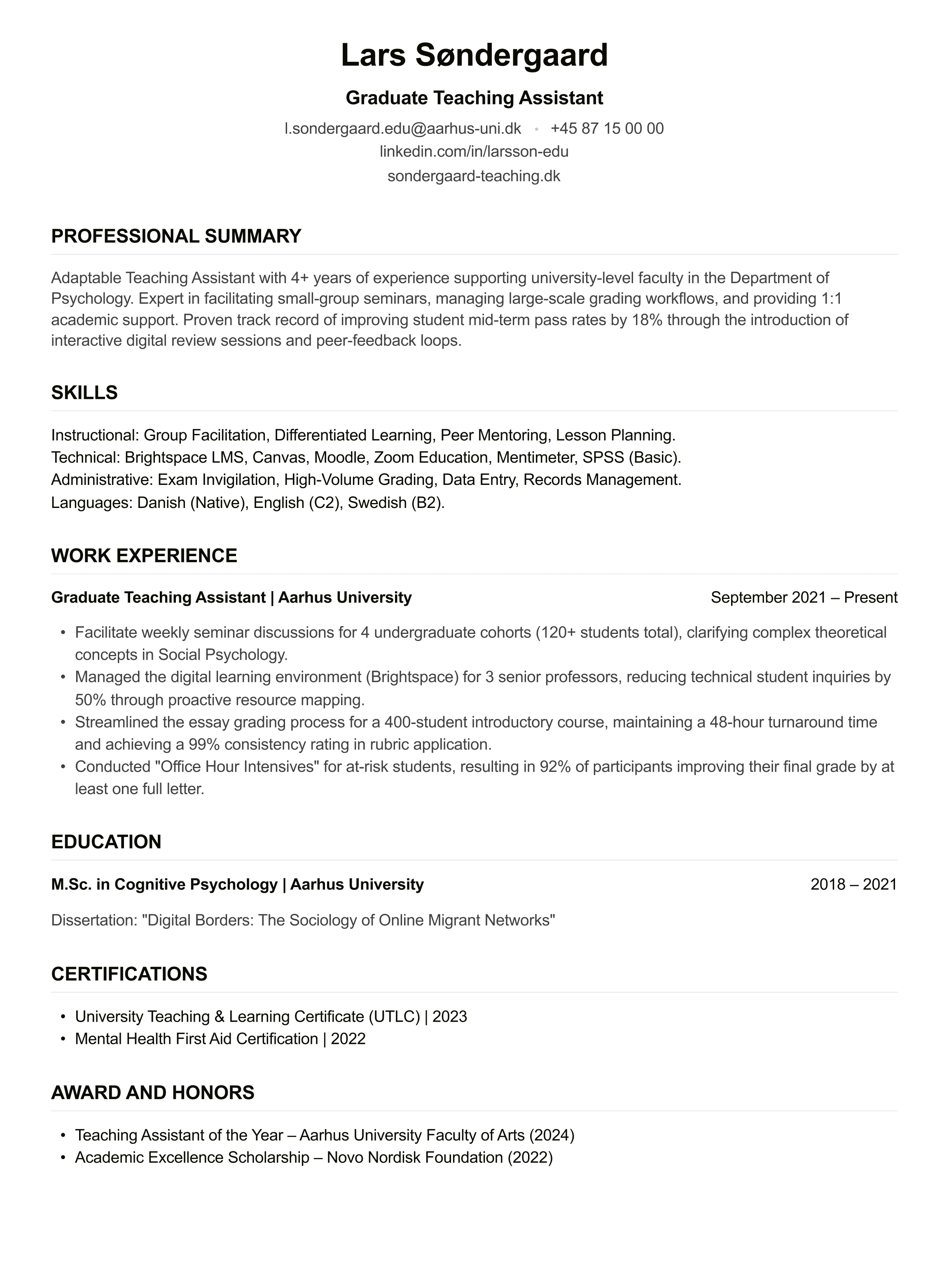 Teaching Assistant CV example