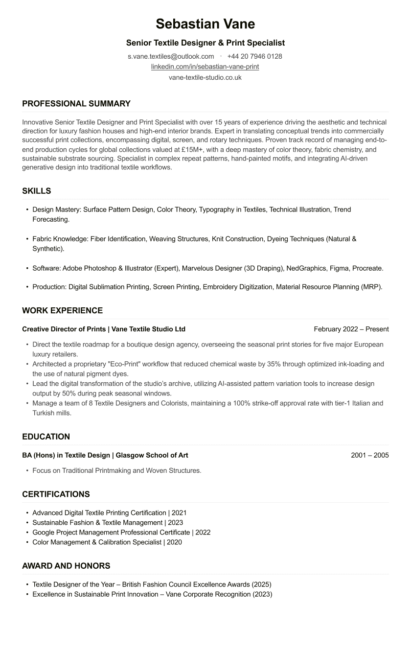 Textile Designer CV