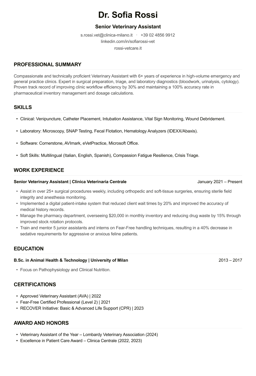 Veterinary Assistant CV