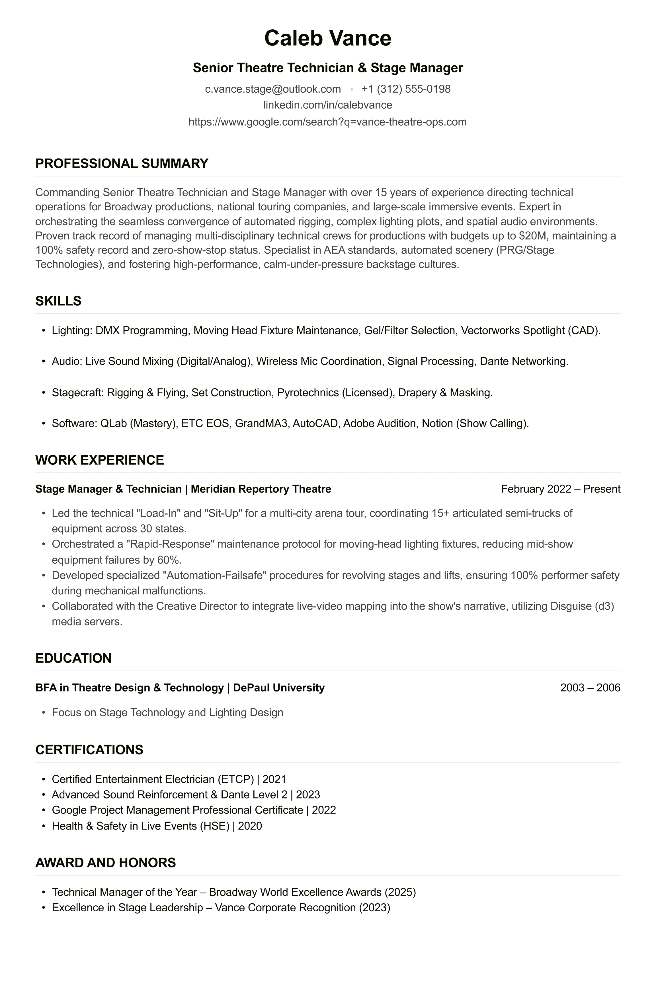 Theatre Technician CV example
