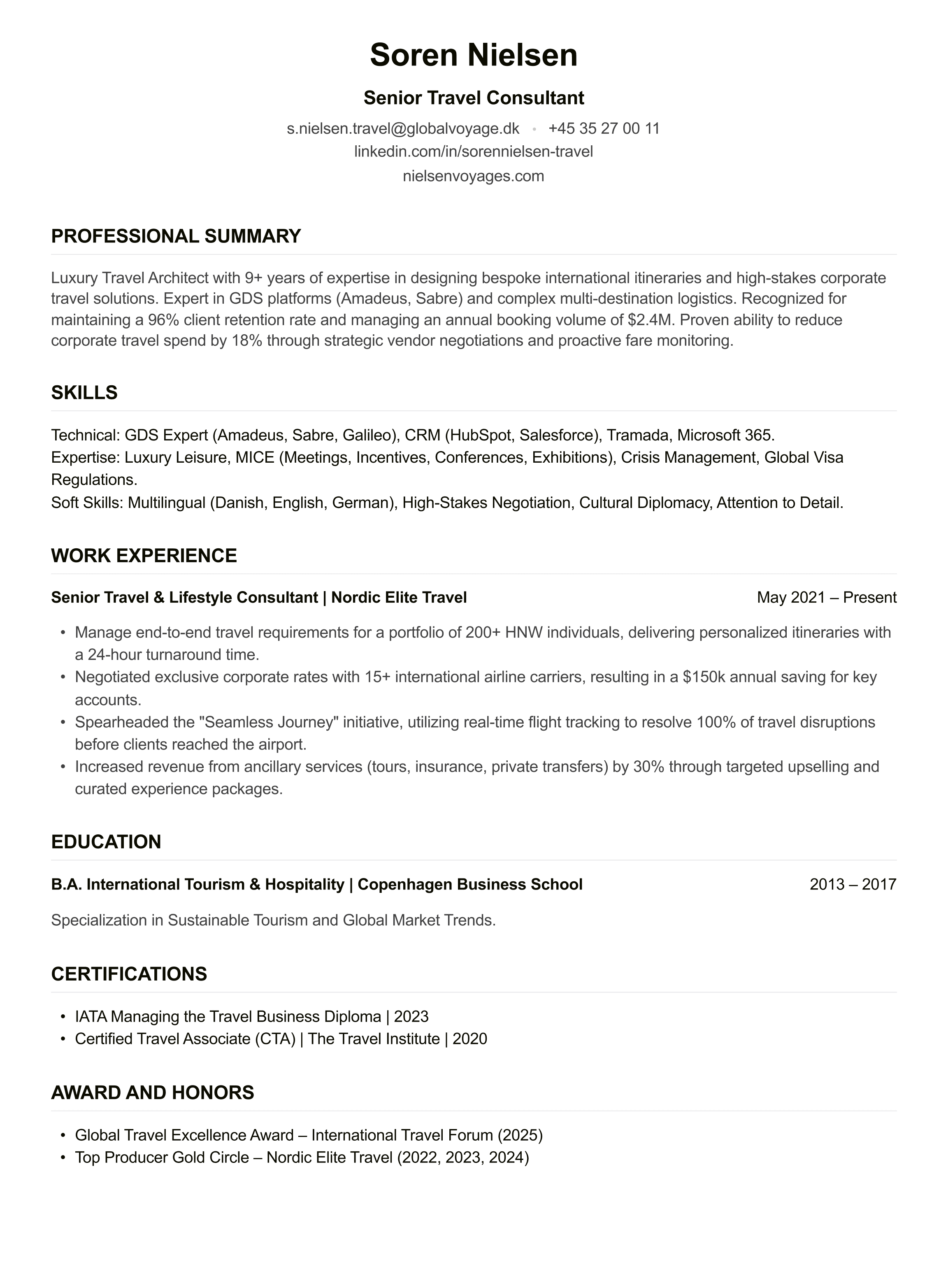 Travel Consultant CV example