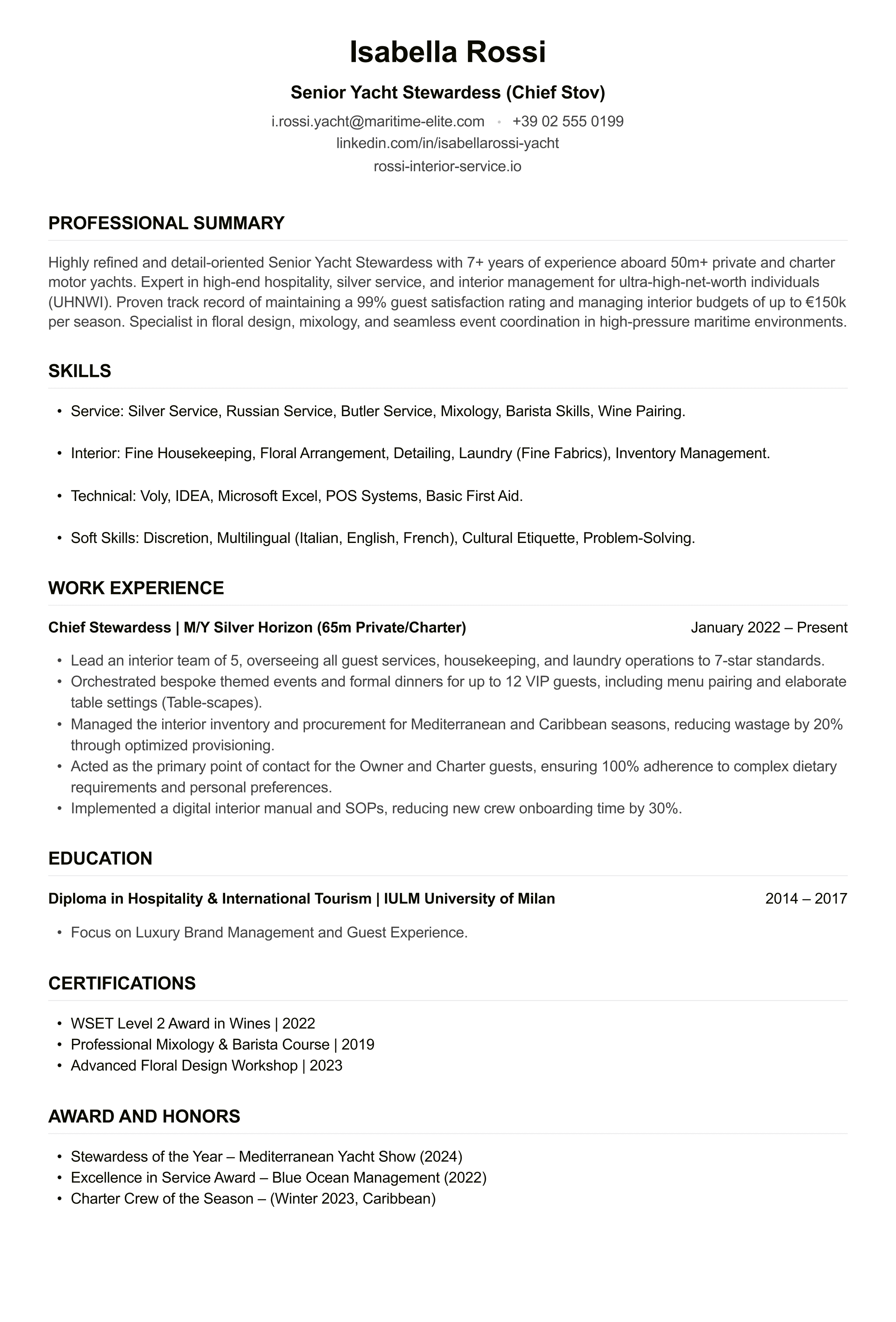 Yacht Stewardess CV example