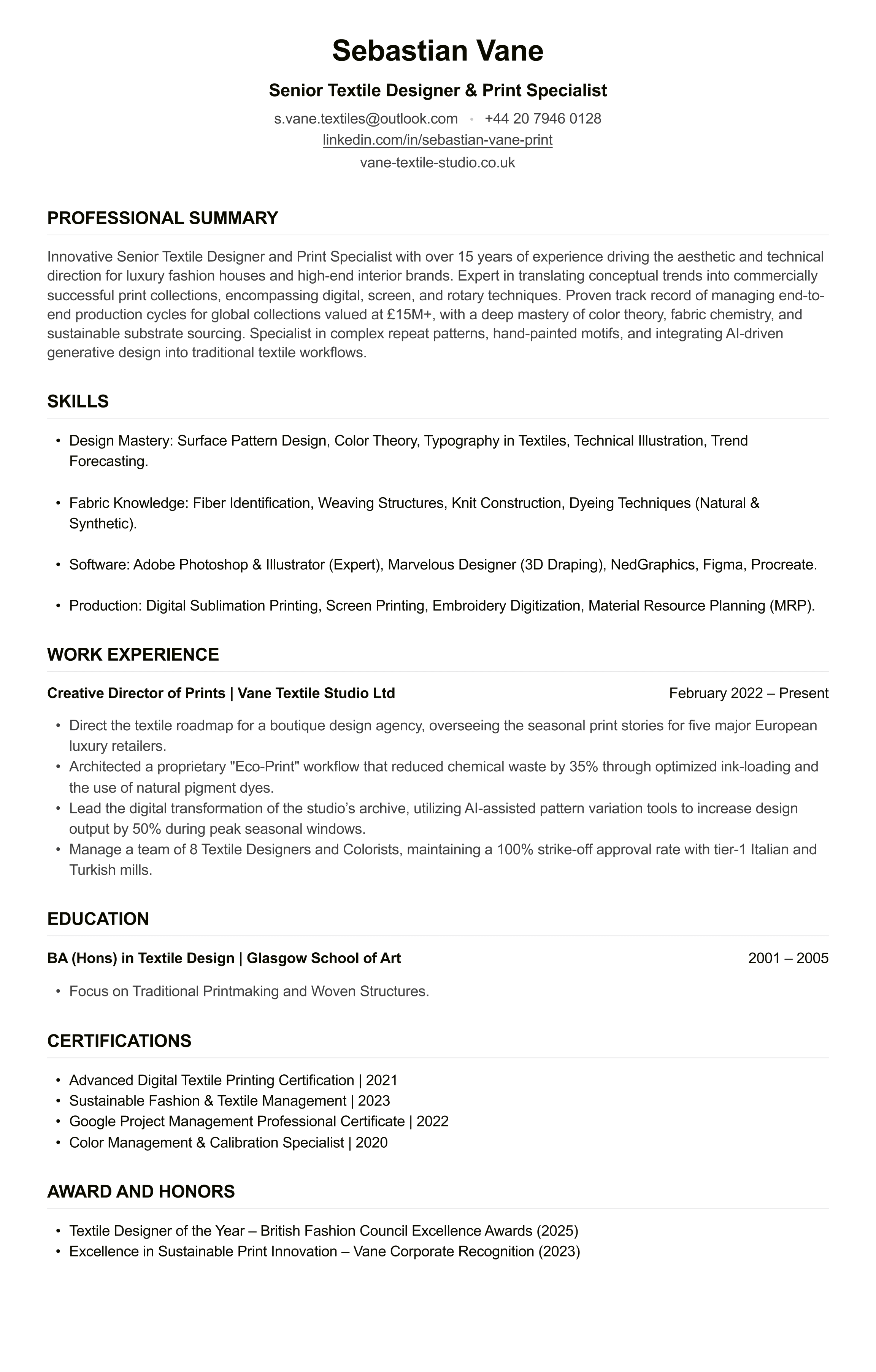 Textile Designer CV example
