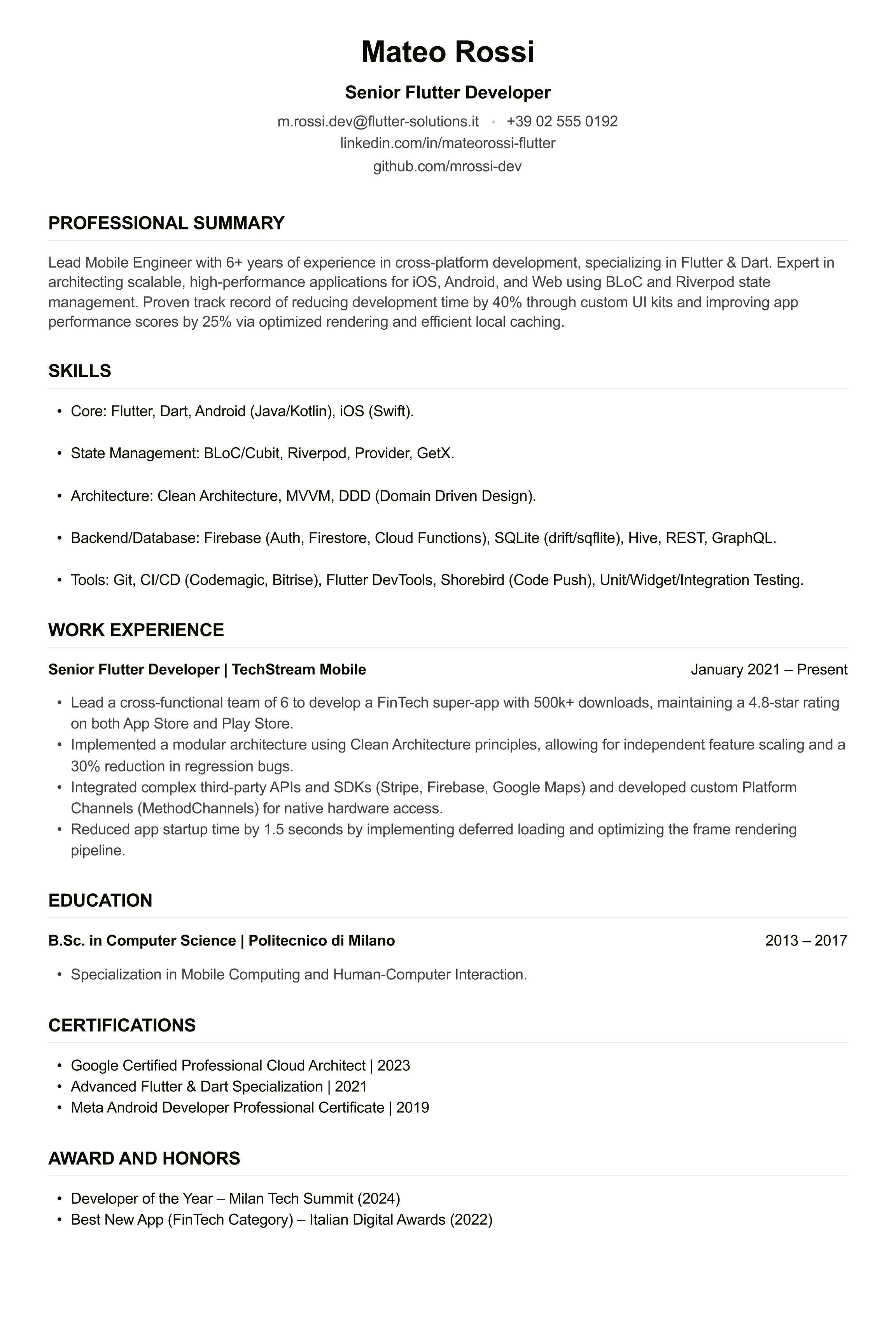 Flutter Developer CV example