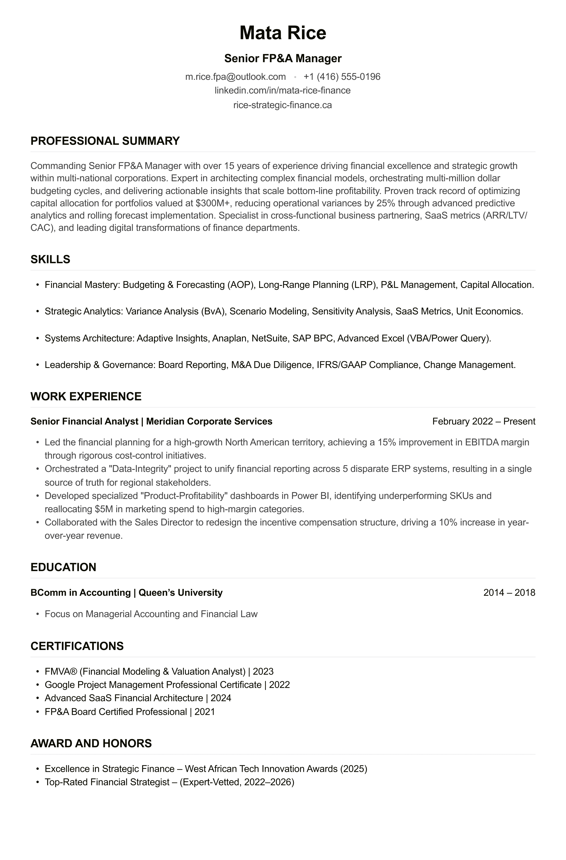 FP&A Manager CV example