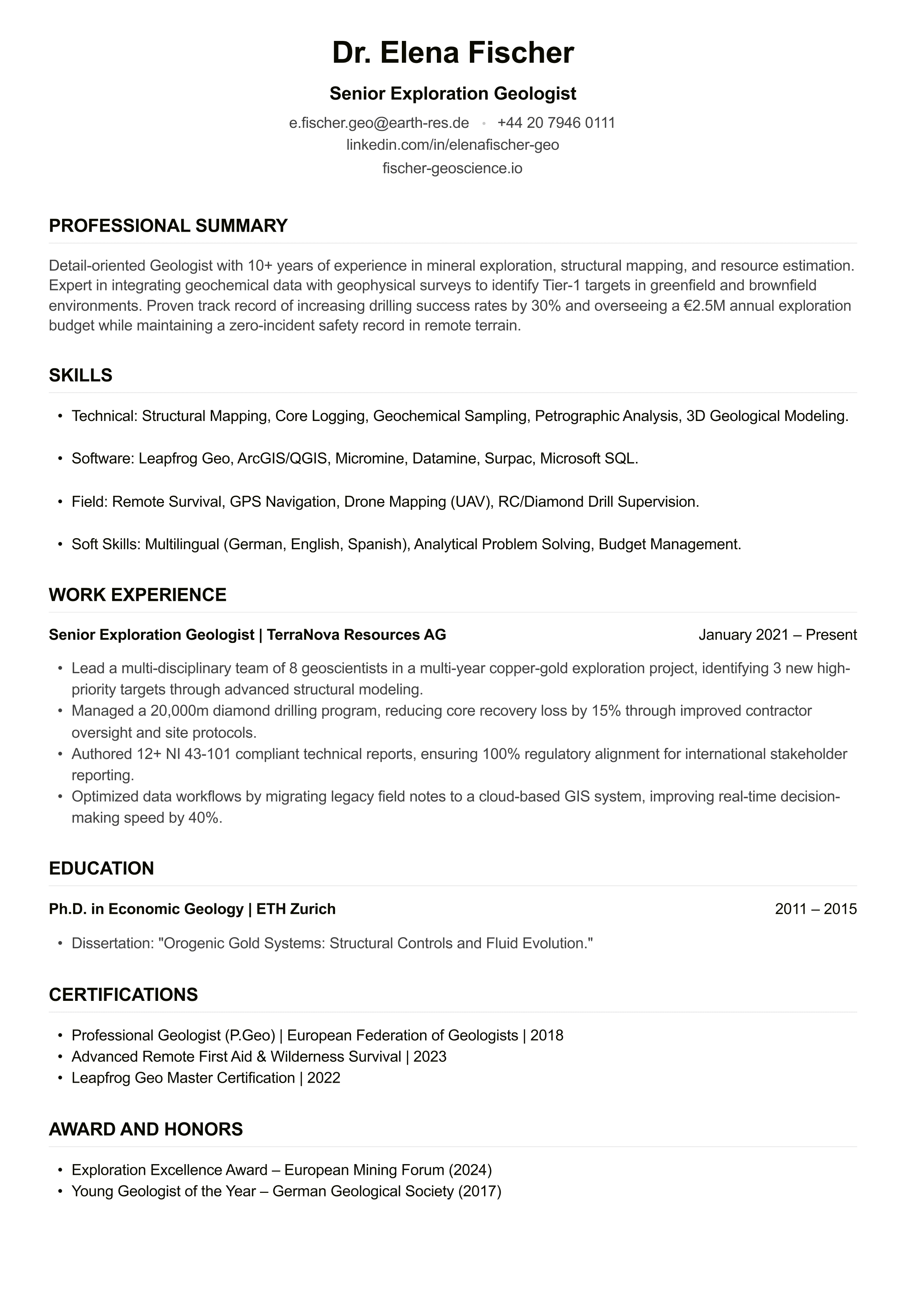 Geologist CV example