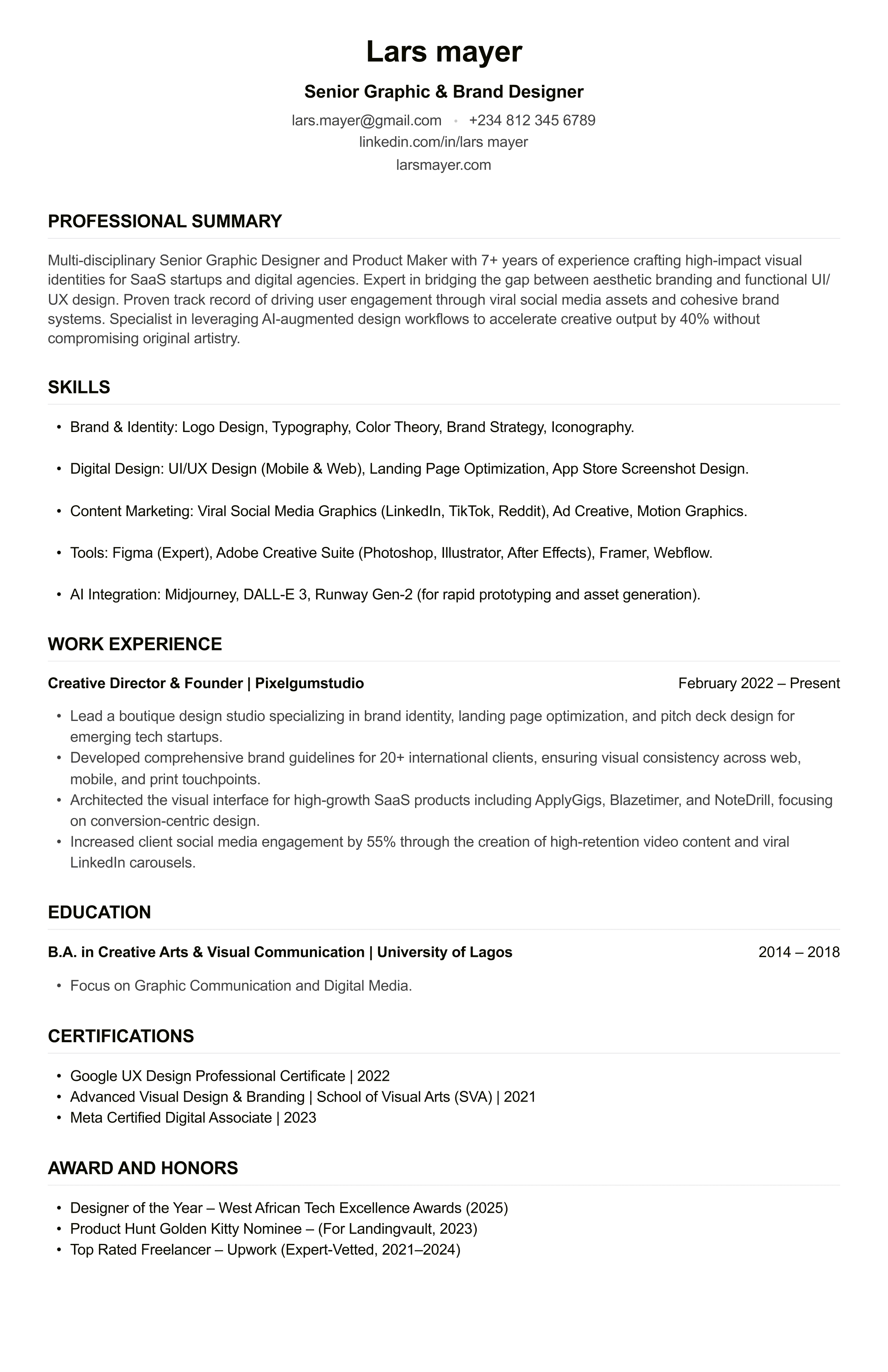 Graphic Designer CV example