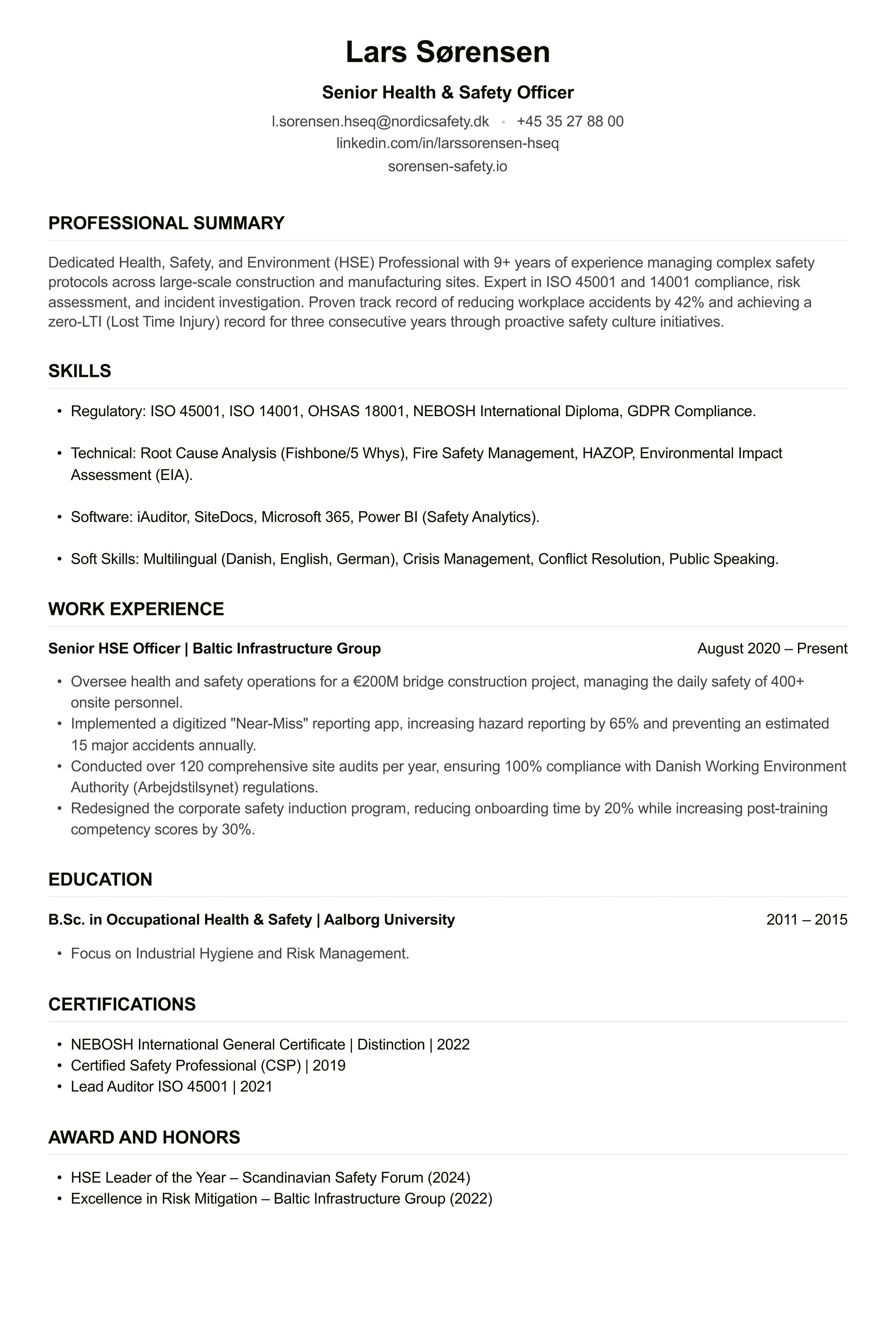 Health and Safety Officer CV example