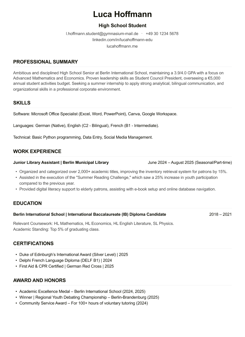 High School Student CV