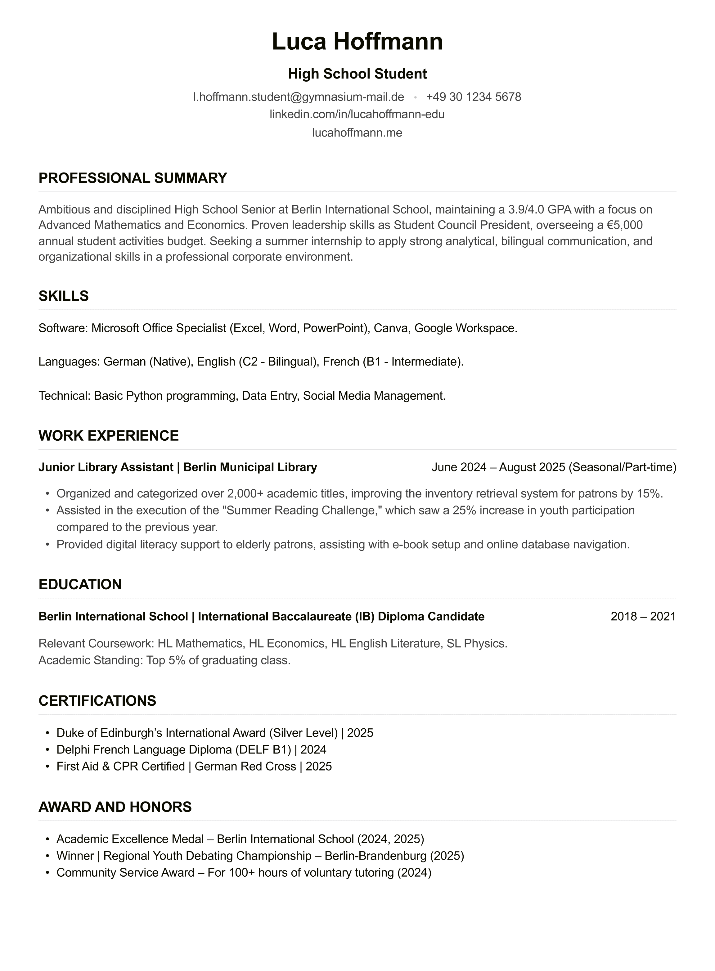 High School Student CV example