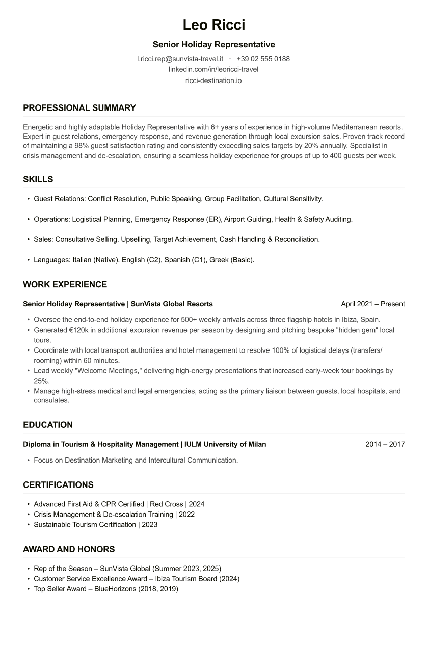 Holiday Rep CV
