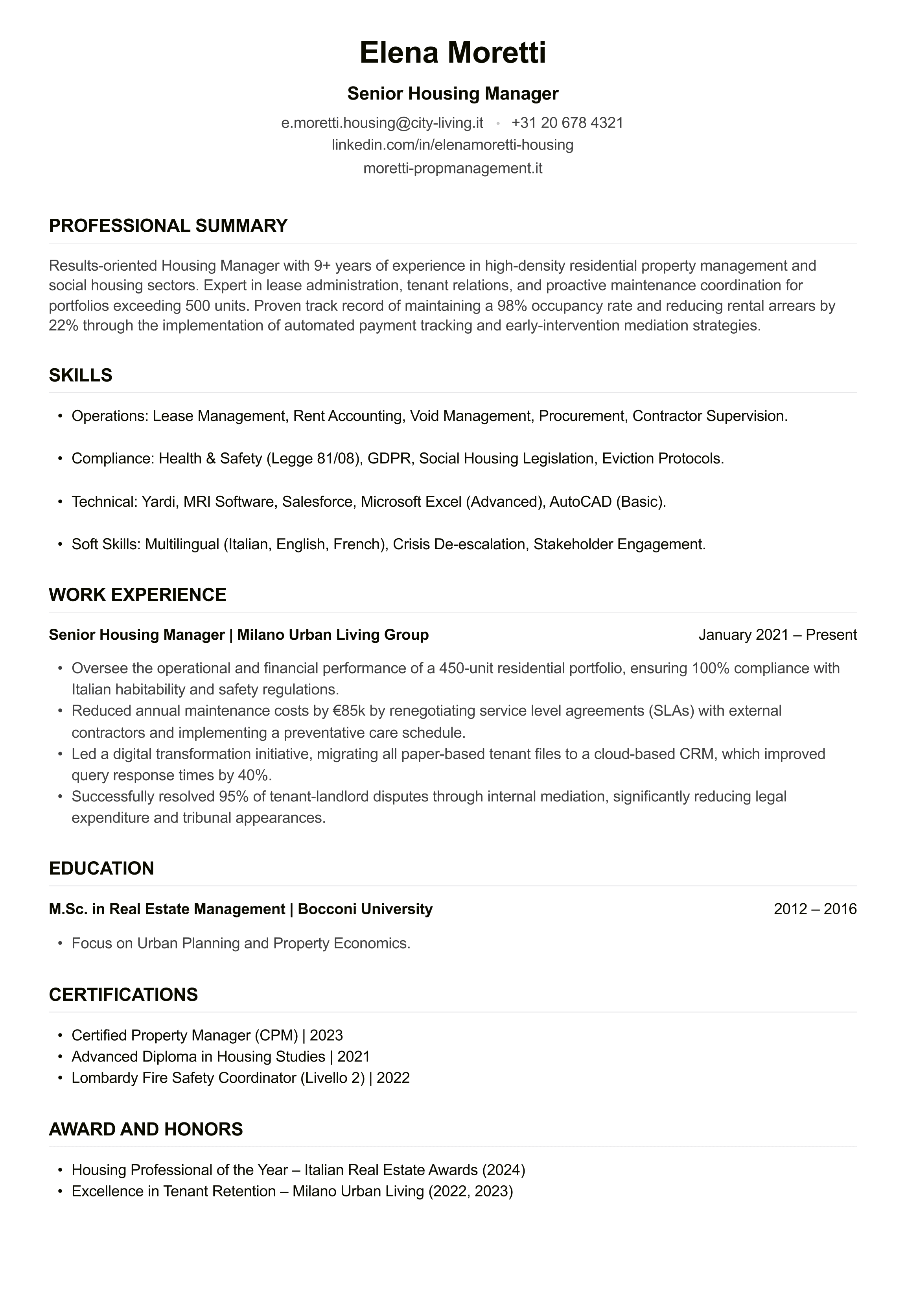 Housing Manager CV example