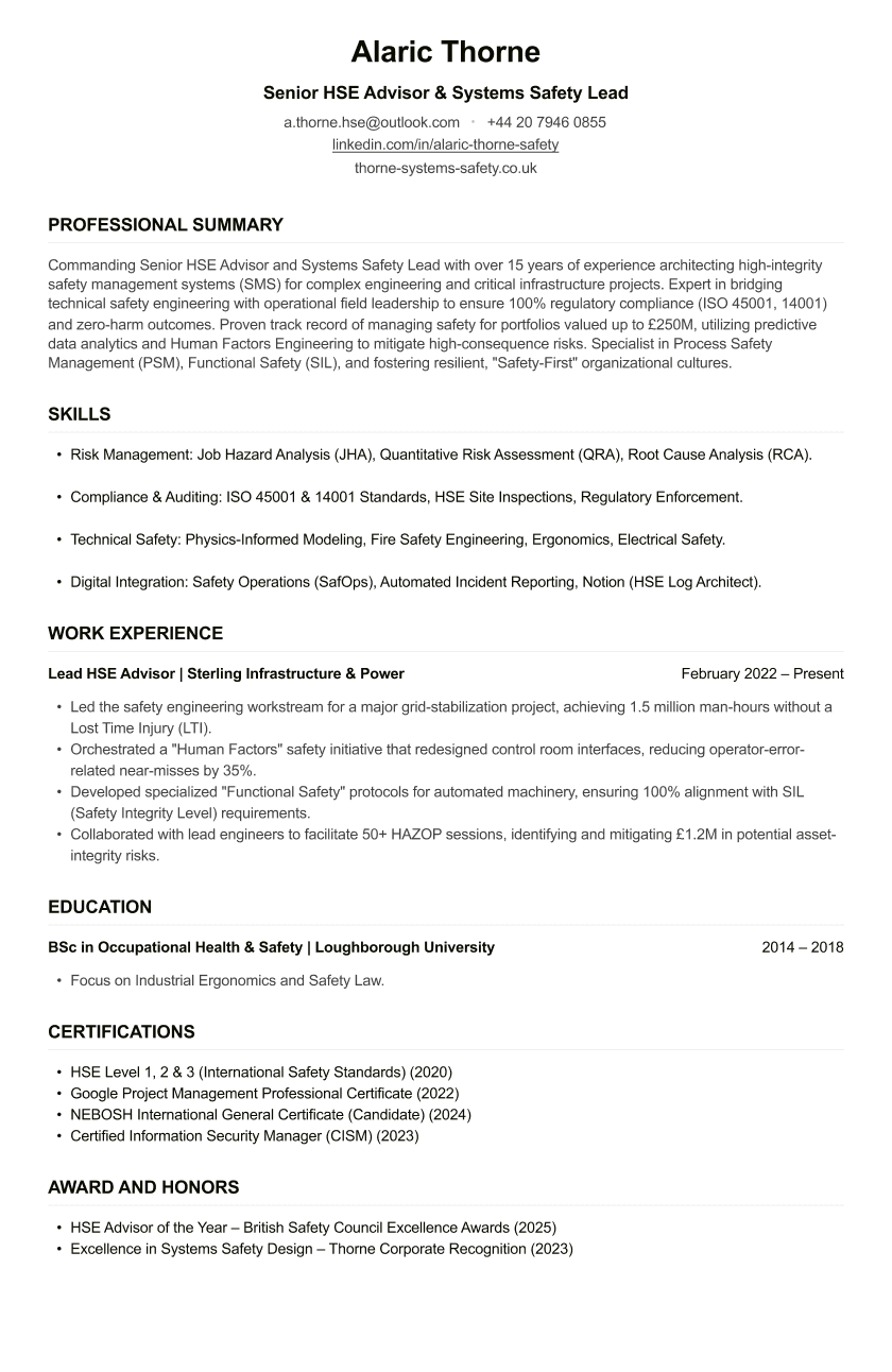HSE Advisor CV