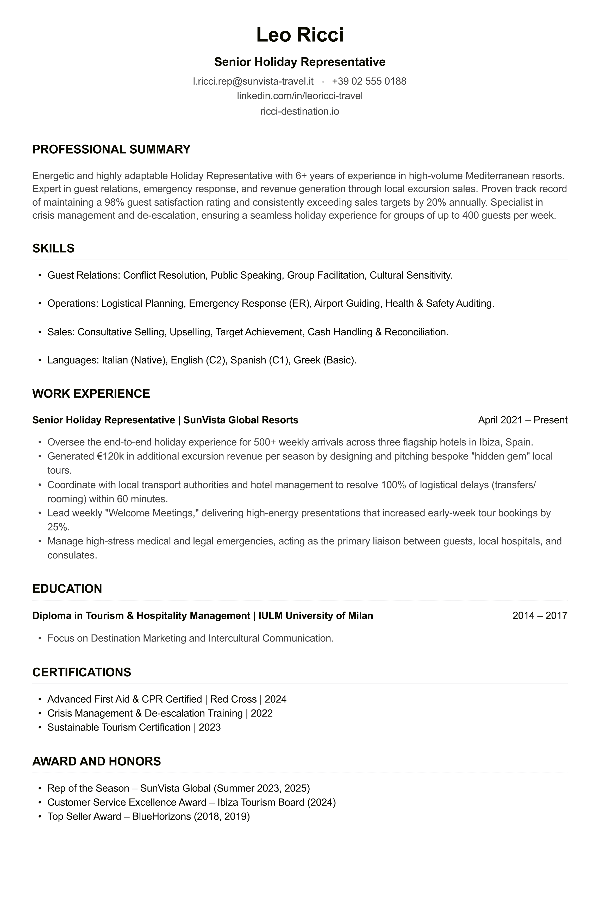 Holiday Rep CV example