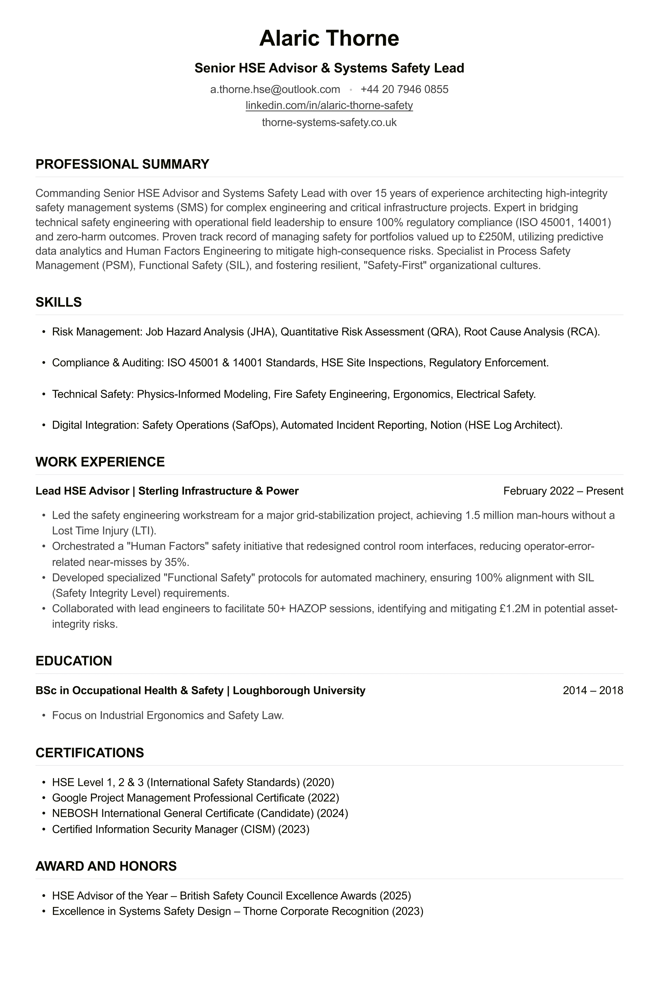 HSE Advisor CV example