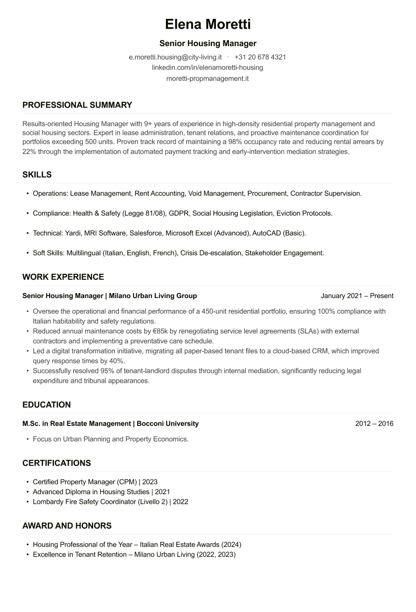 Housing Manager CV