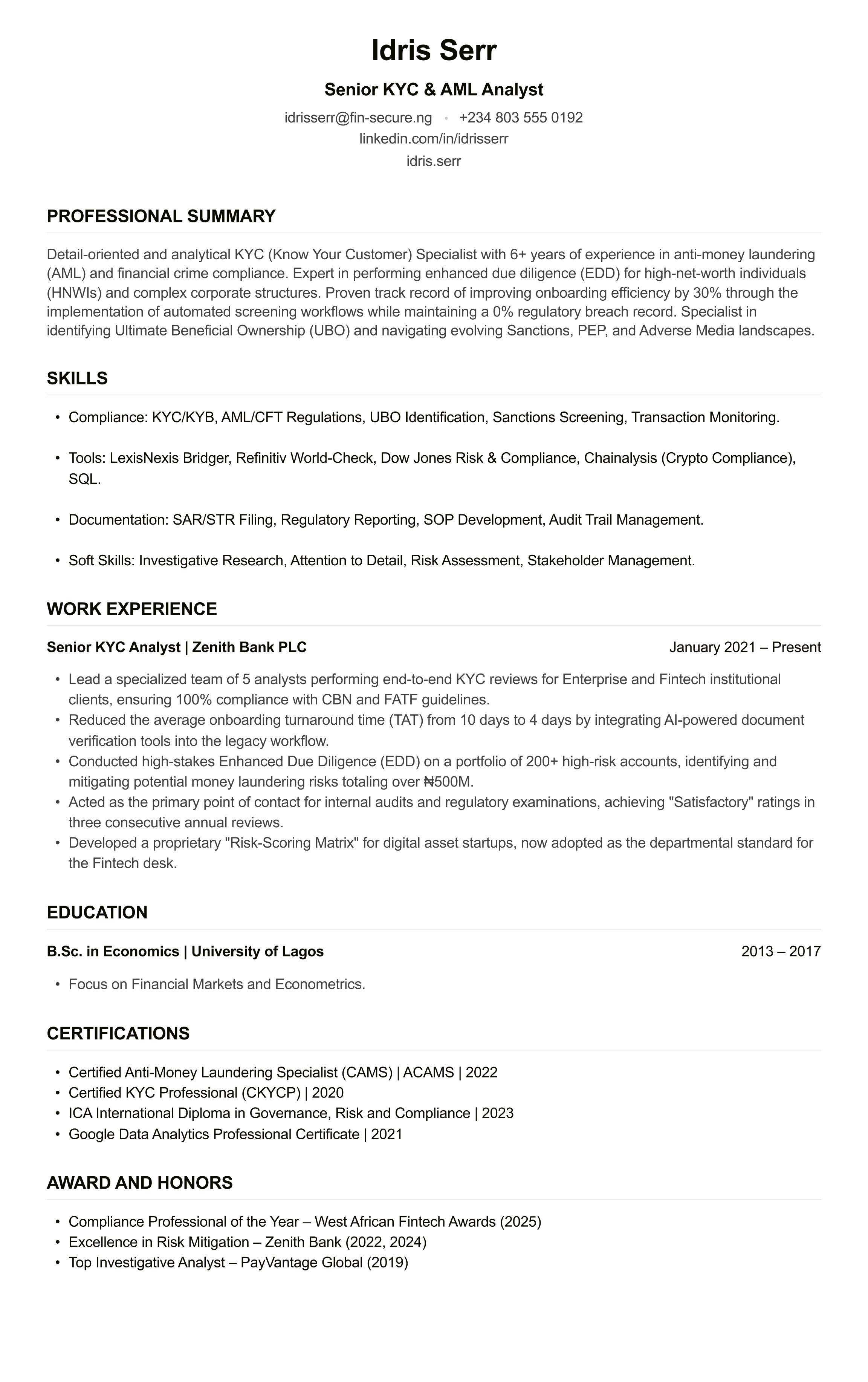 KYC Analyst CV example