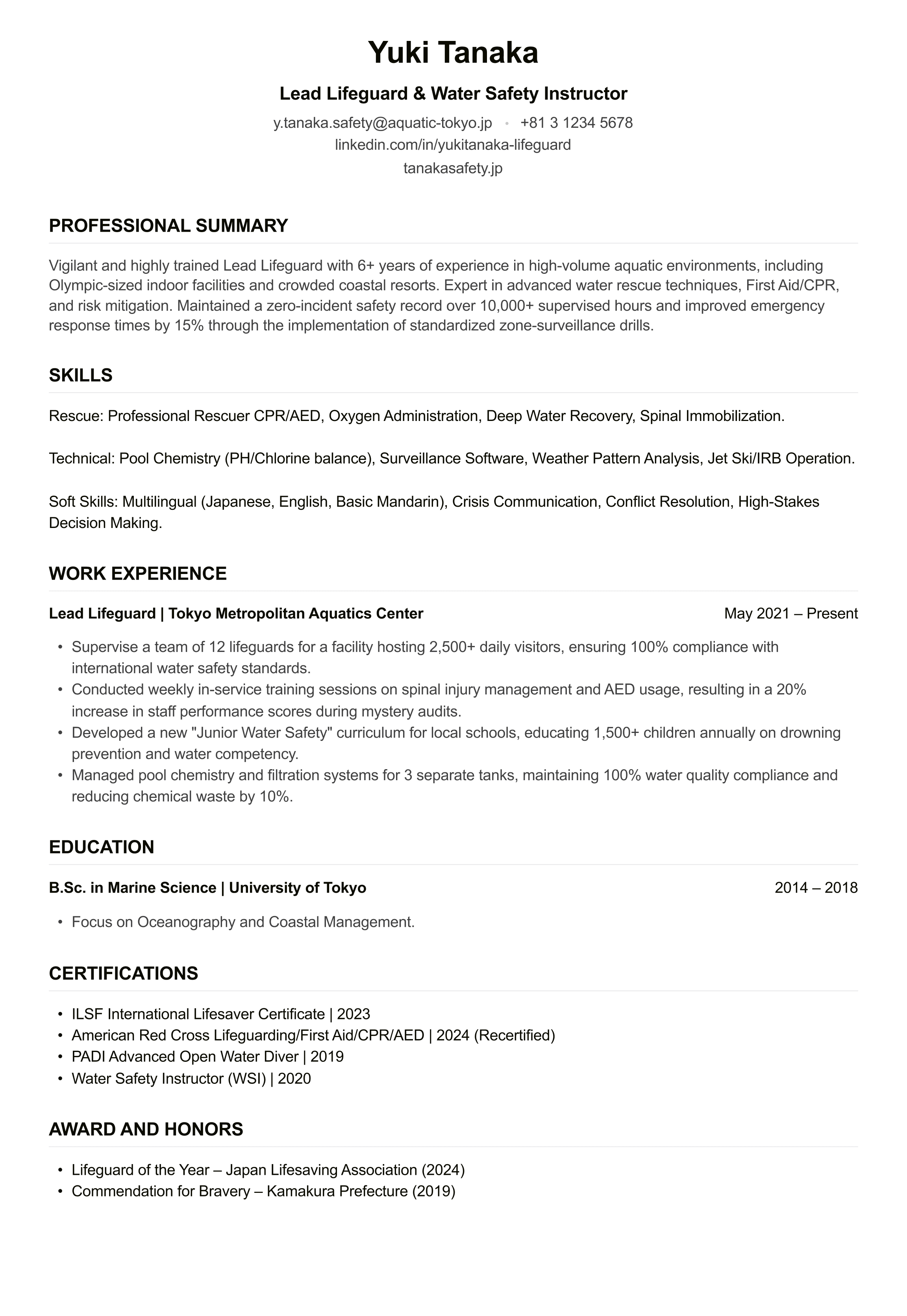 Lifeguard CV example