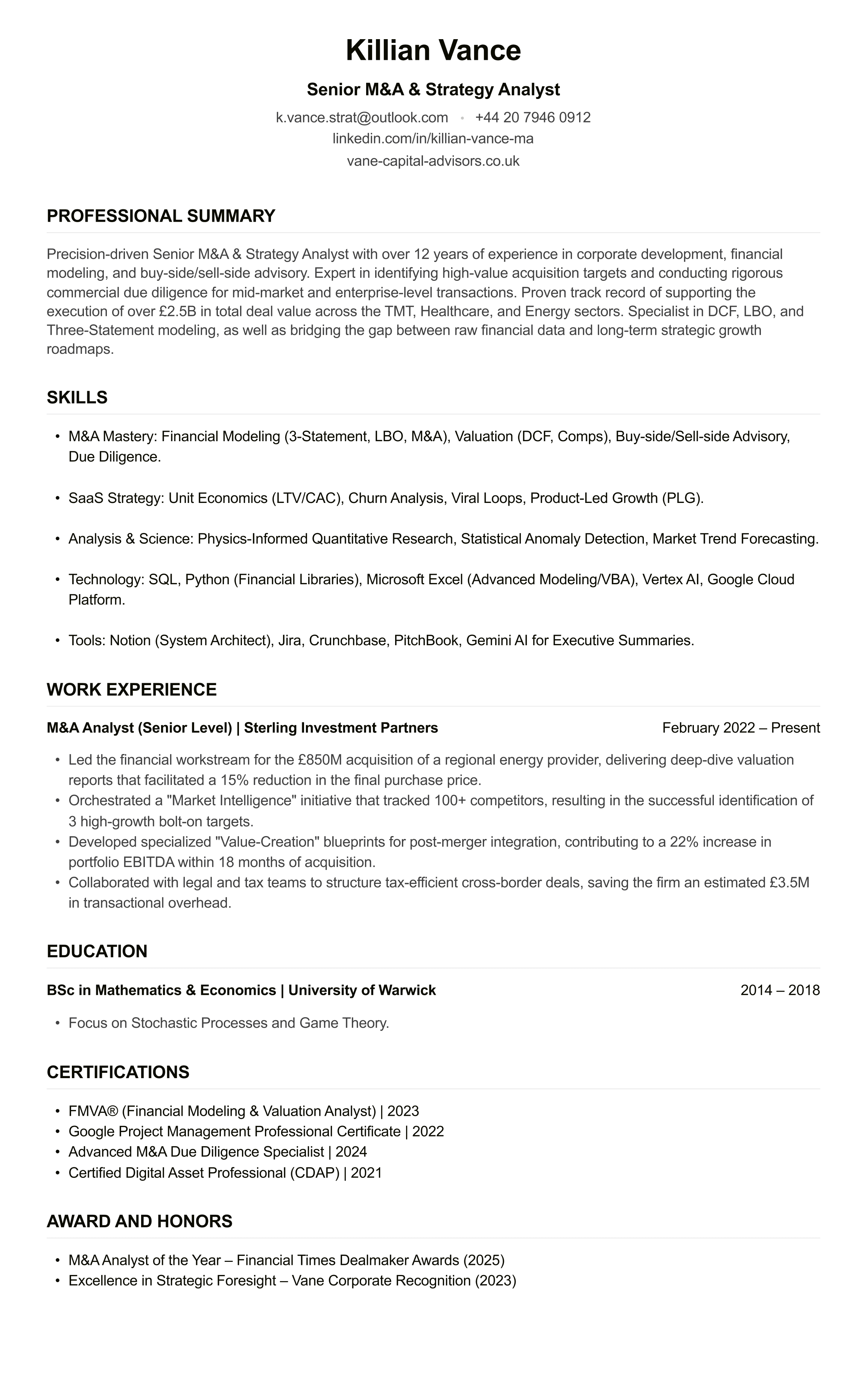 M&A Analyst CV example
