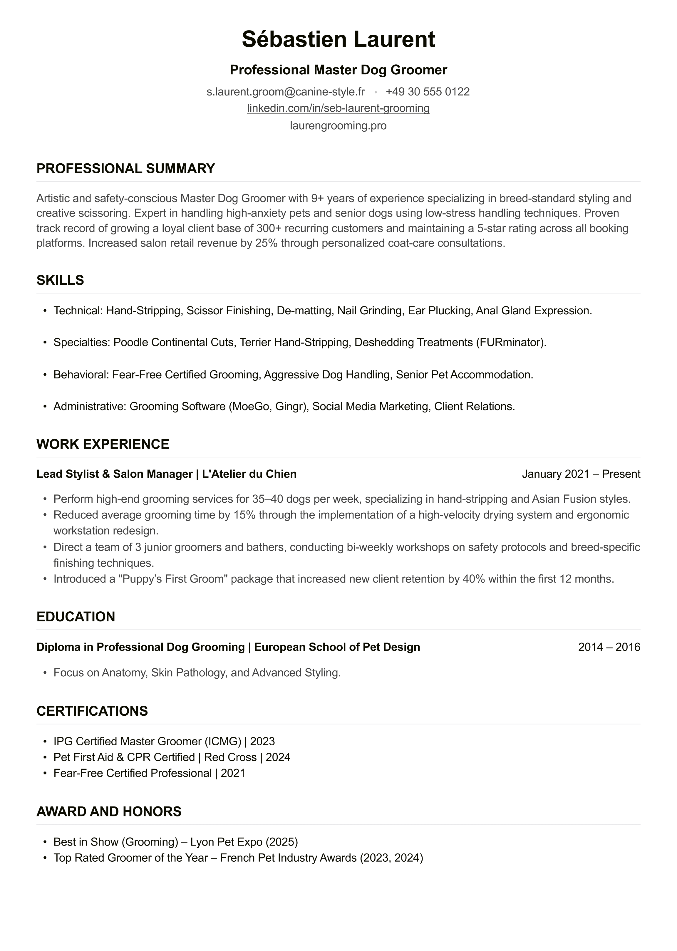 Dog Groomer CV example