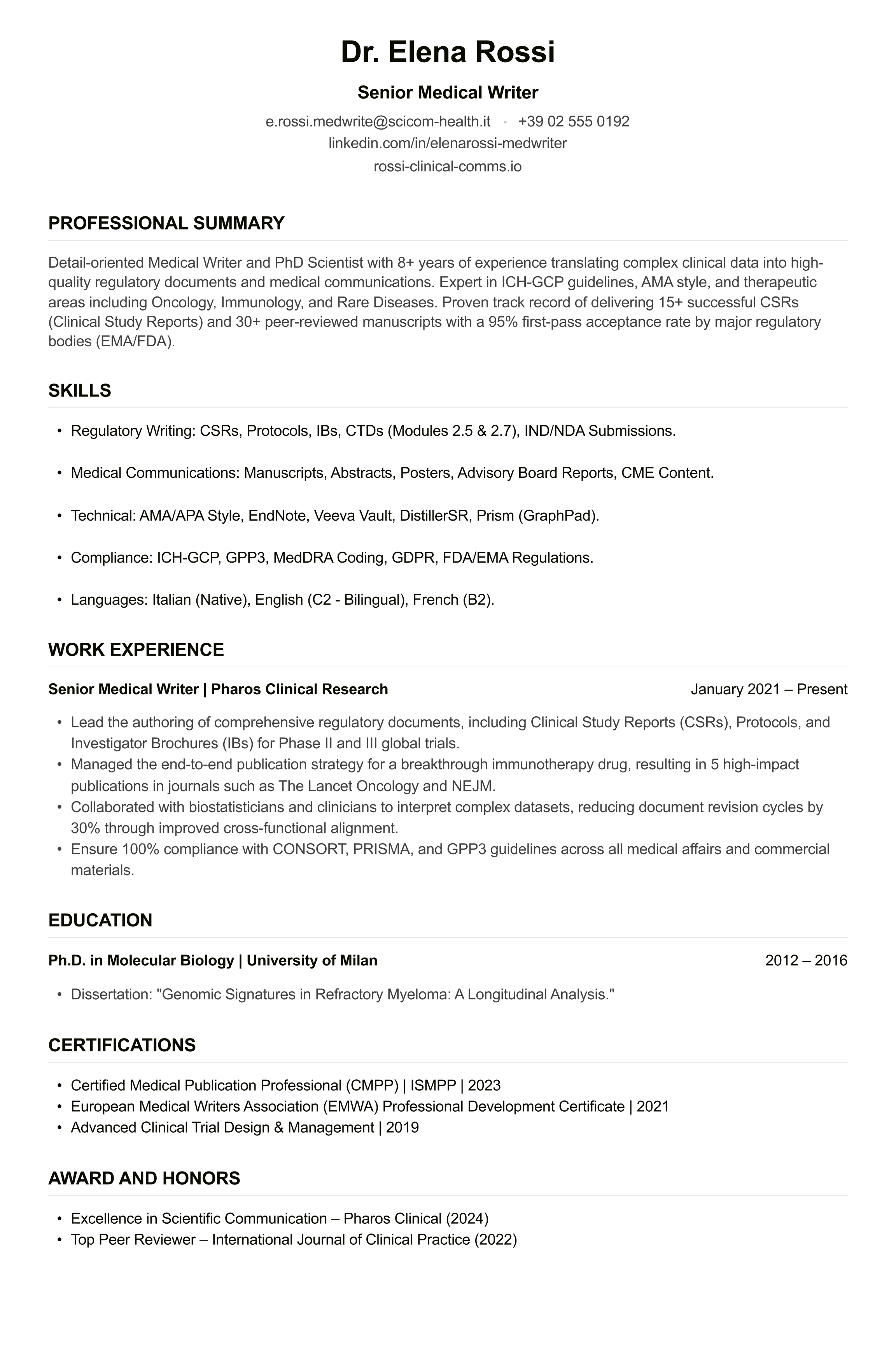 Medical Writer CV example