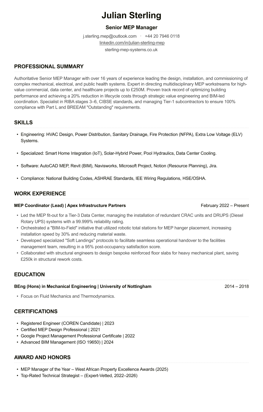 MEP Manager CV
