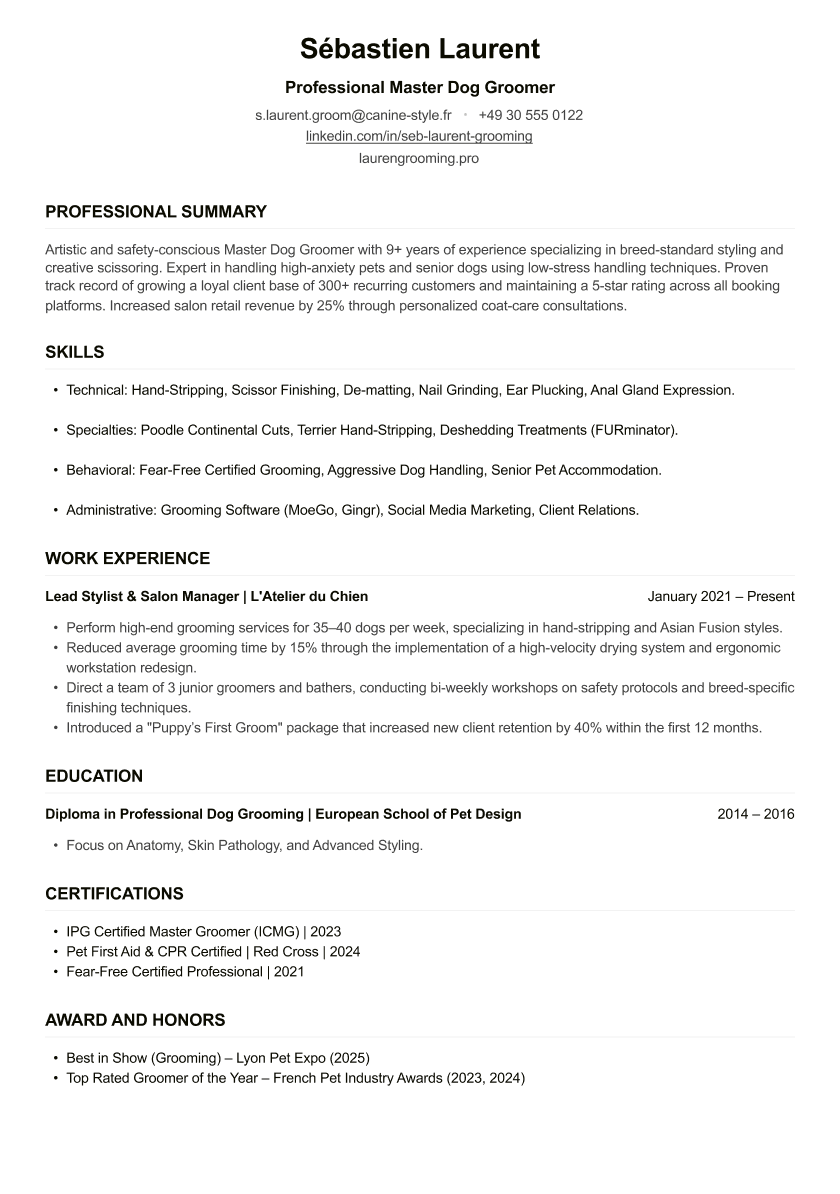 Dog Groomer CV