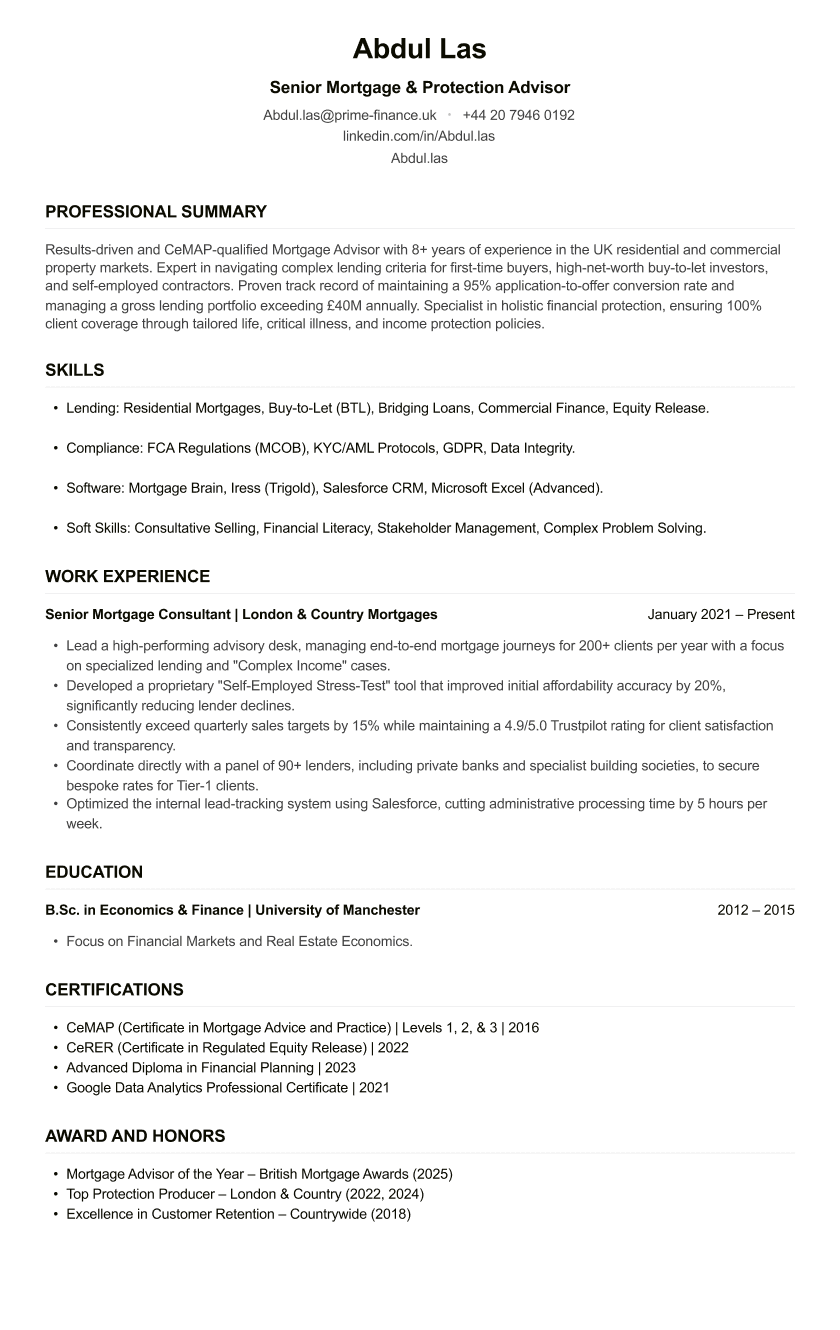 Mortgage Advisor CV