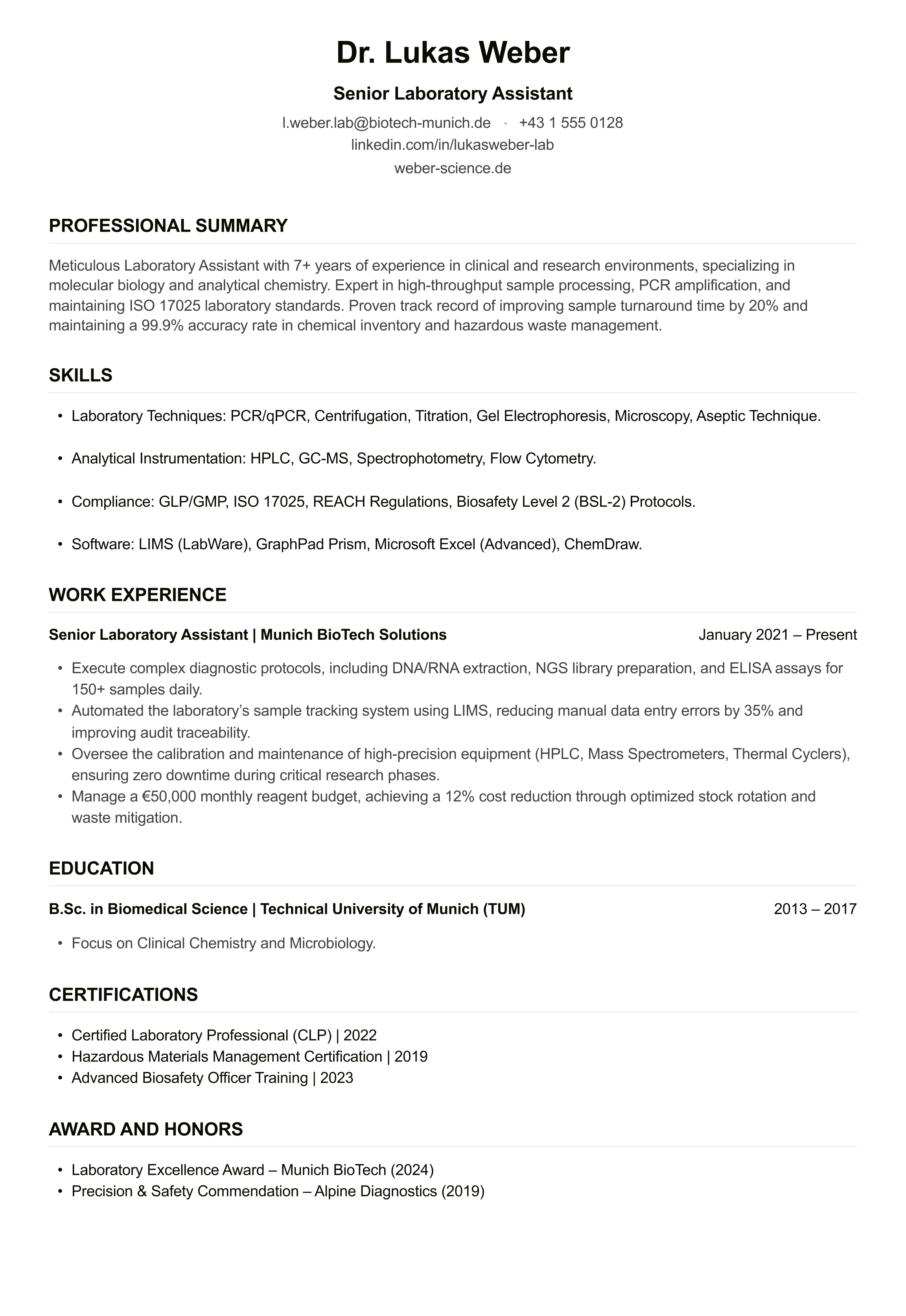 Lab Assistant CV example