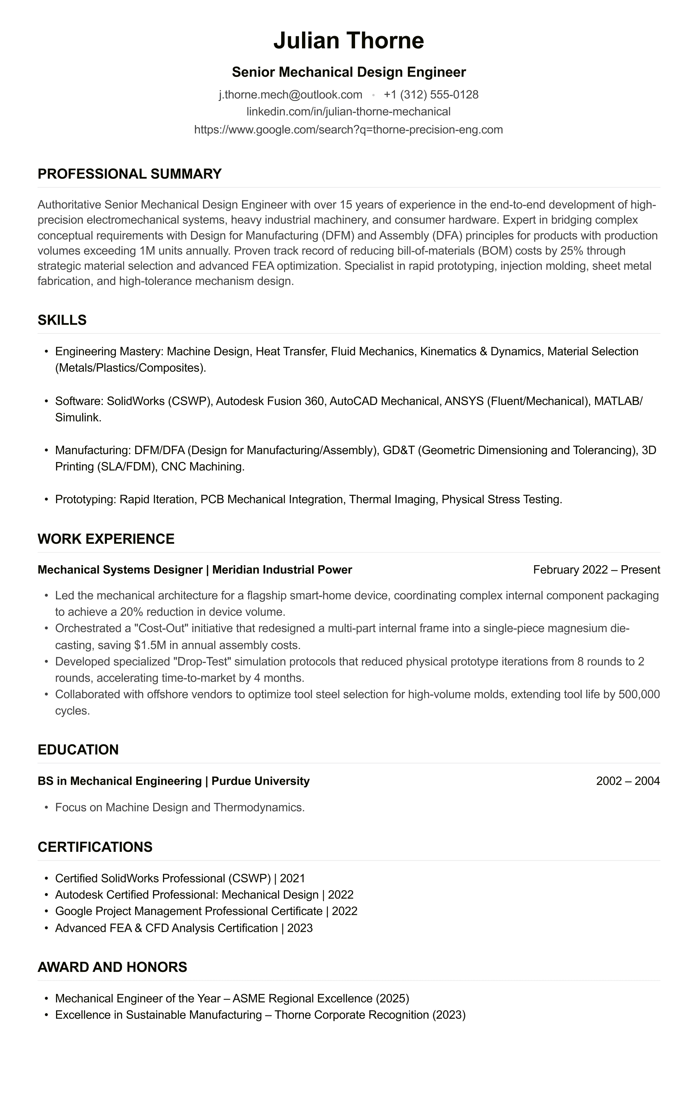 Mechanical Design Engineer CV example